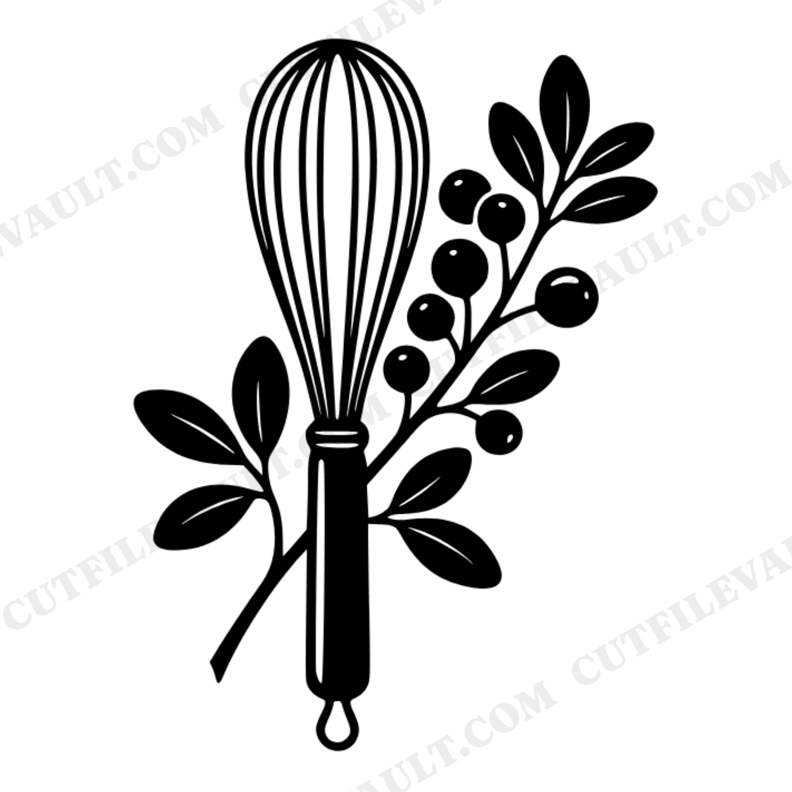 Botanical Whisk and Cranberry Branch SVG PNG, Retro 70s Kitchen Christmas Cut File for Baking Crafts, view 1