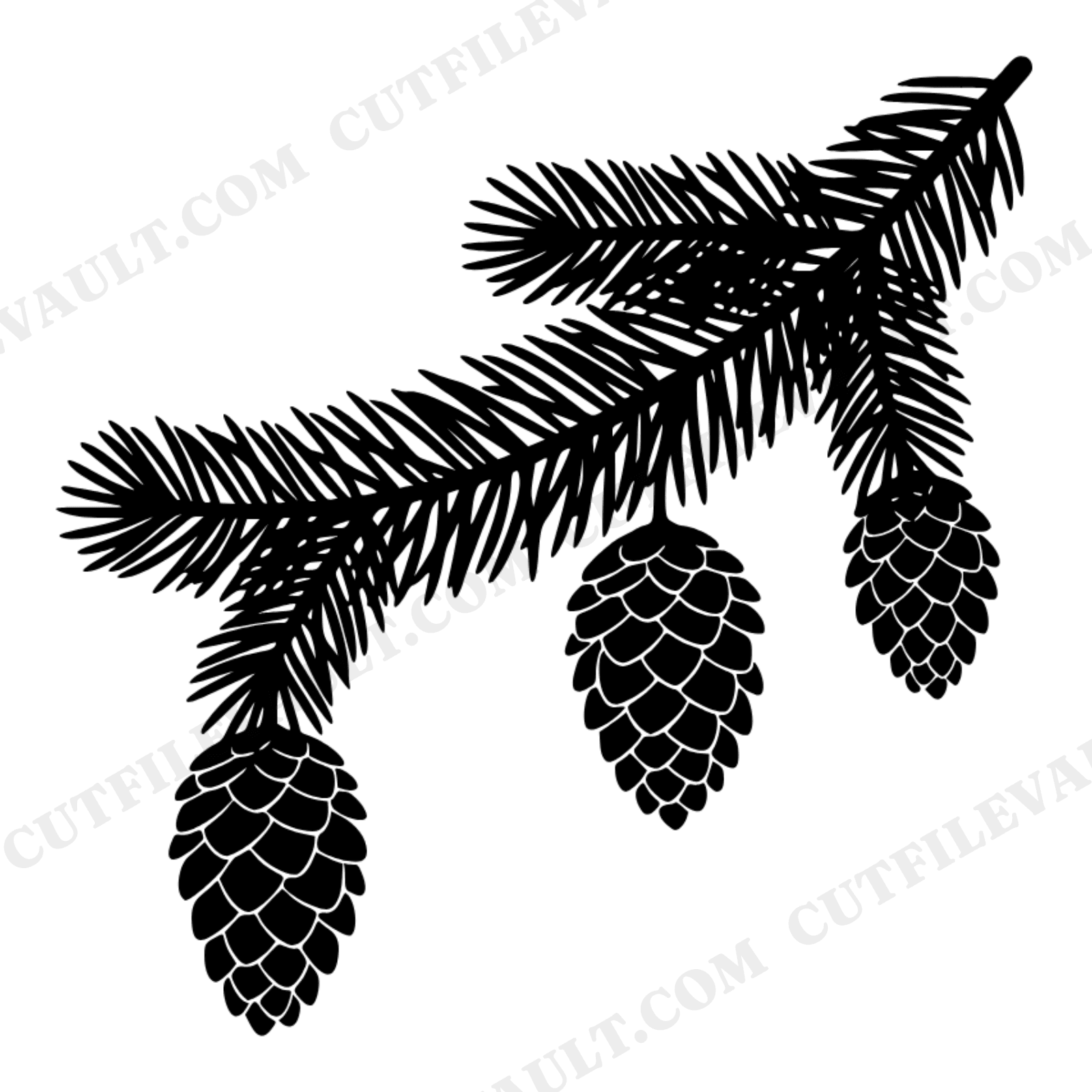 Cascading Fir Branch SVG PNG, Three Pinecones Botanical Silhouette, Boho Christmas Evergreen Cut File, view 1
