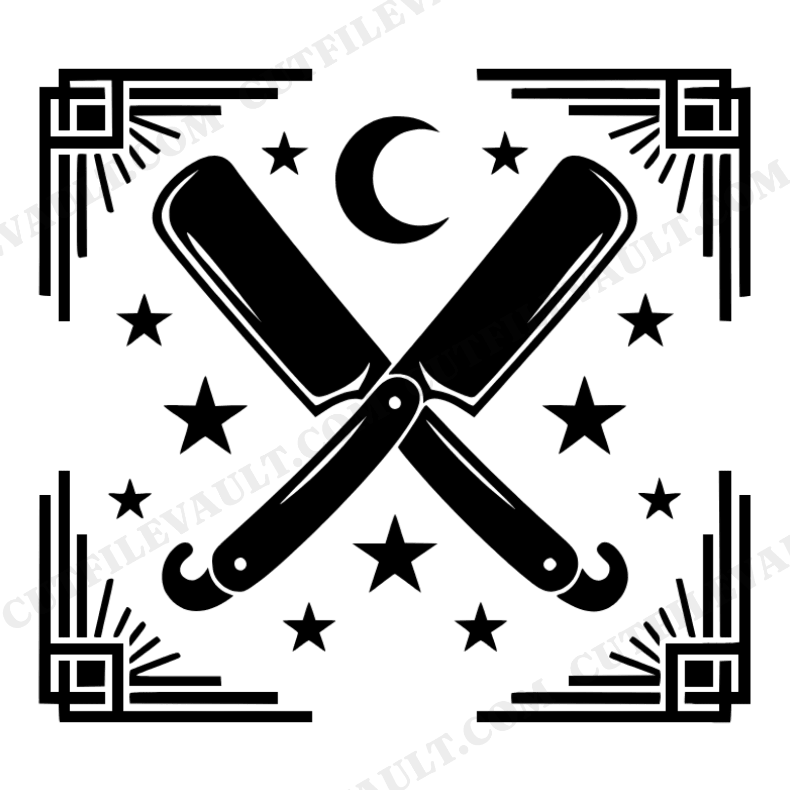 Celestial Barber Razor Cross SVG PNG, Vintage Straight Razor Art Deco Design, Father's Day Cut File, view 1
