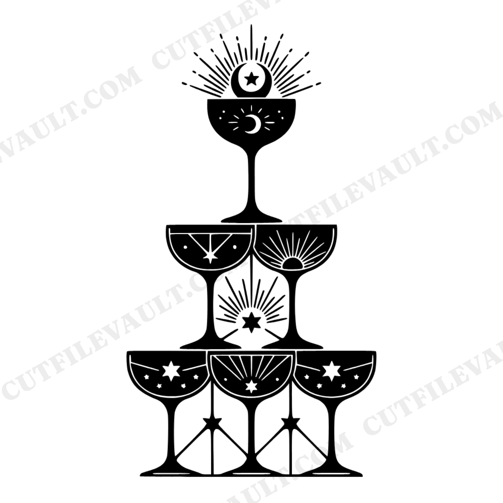 Celestial Champagne Coupe Tower SVG PNG, Crescent Moon Stars Art Deco Champagne Glass Pyramid Cut File, view 1