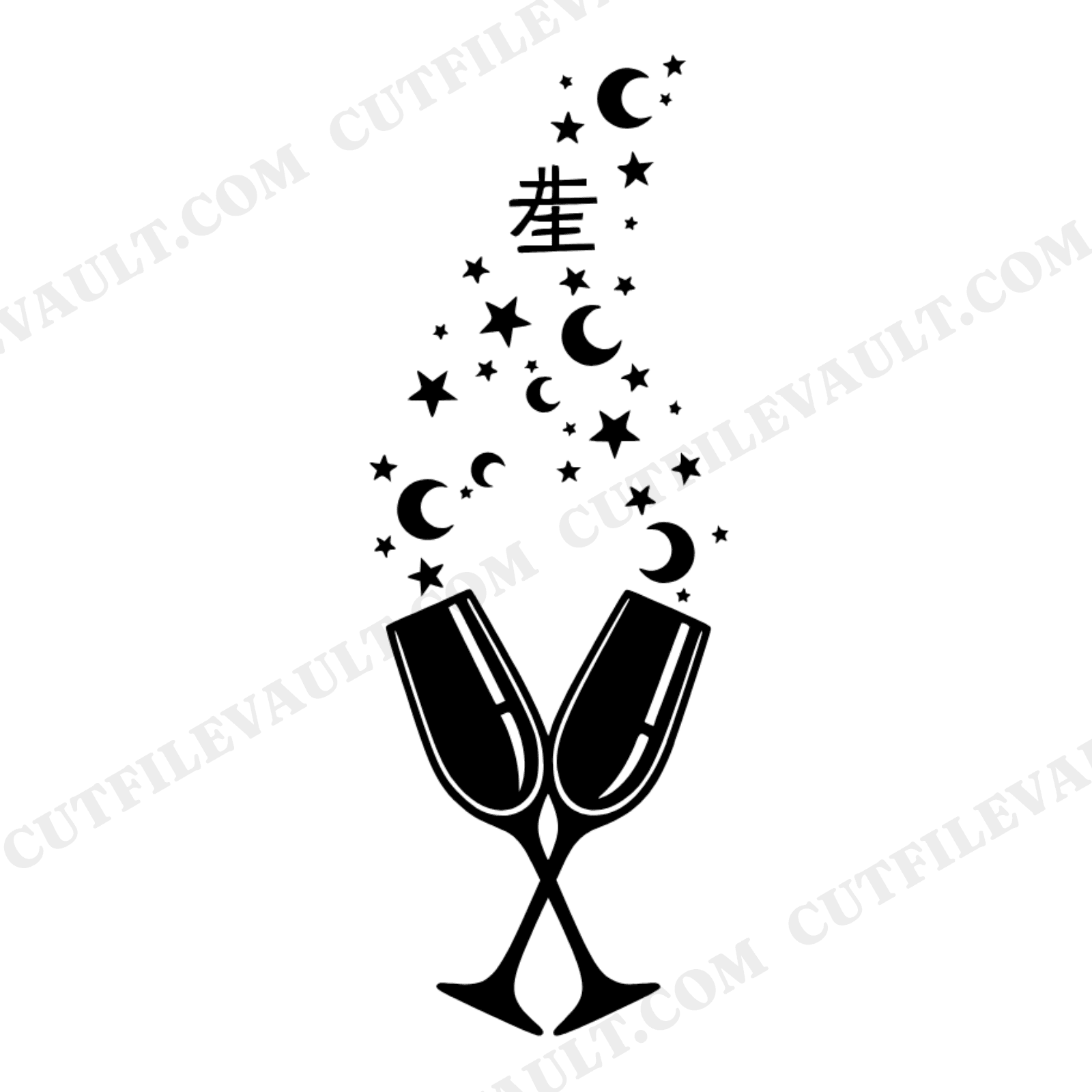 Celestial Champagne Toast SVG PNG, Anniversary Flutes with Stars & Moon Bubbles Cut File, view 1