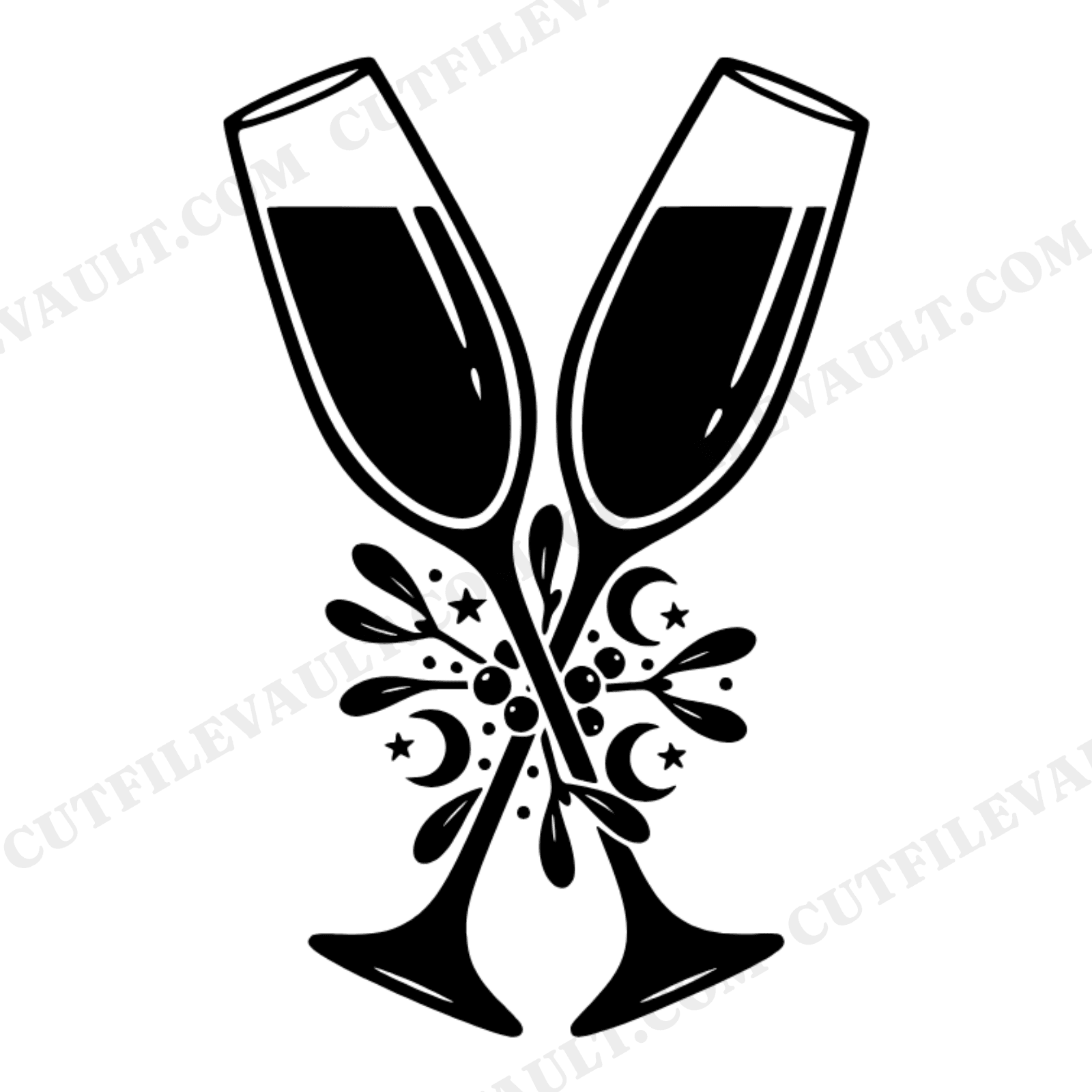 Celestial Champagne Toast SVG PNG, Mistletoe Champagne Flutes Cut File, Mystical New Year Wedding, view 1