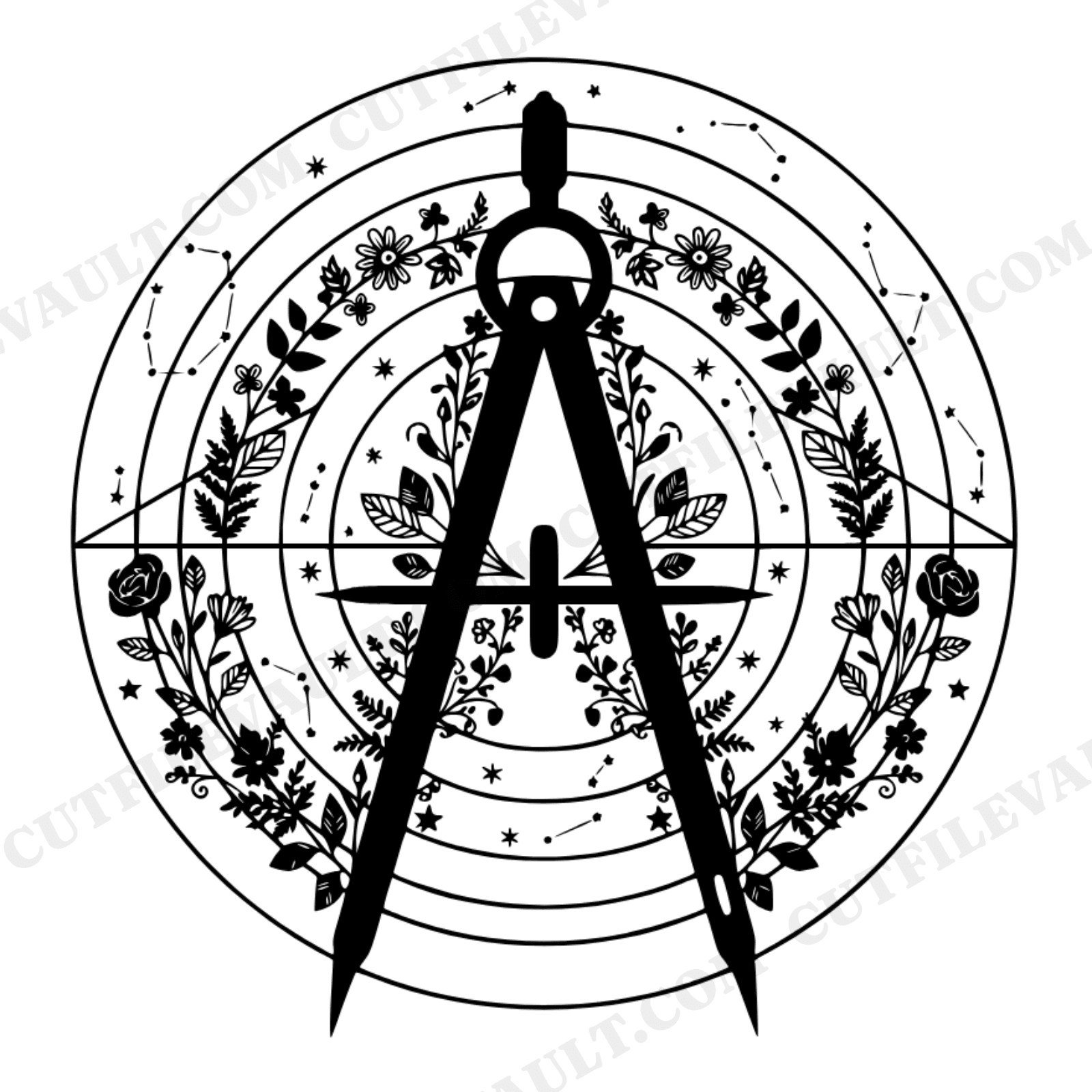 Celestial Compass SVG PNG, Floral Star Constellation Teacher Gift, Geometric Cottagecore Cut File, view 1