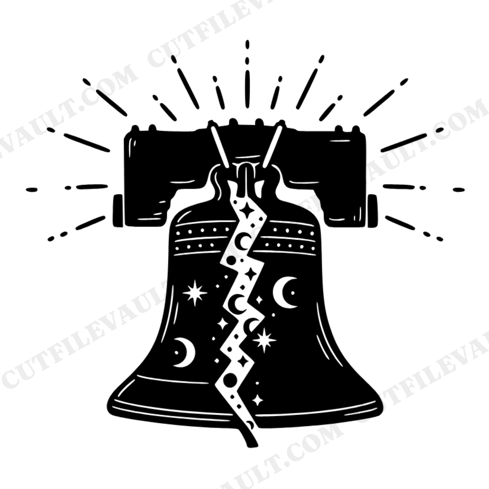 Celestial Liberty Bell SVG PNG, Mystical Zigzag Crack, Stars Independence Day Cut File Design, view 1