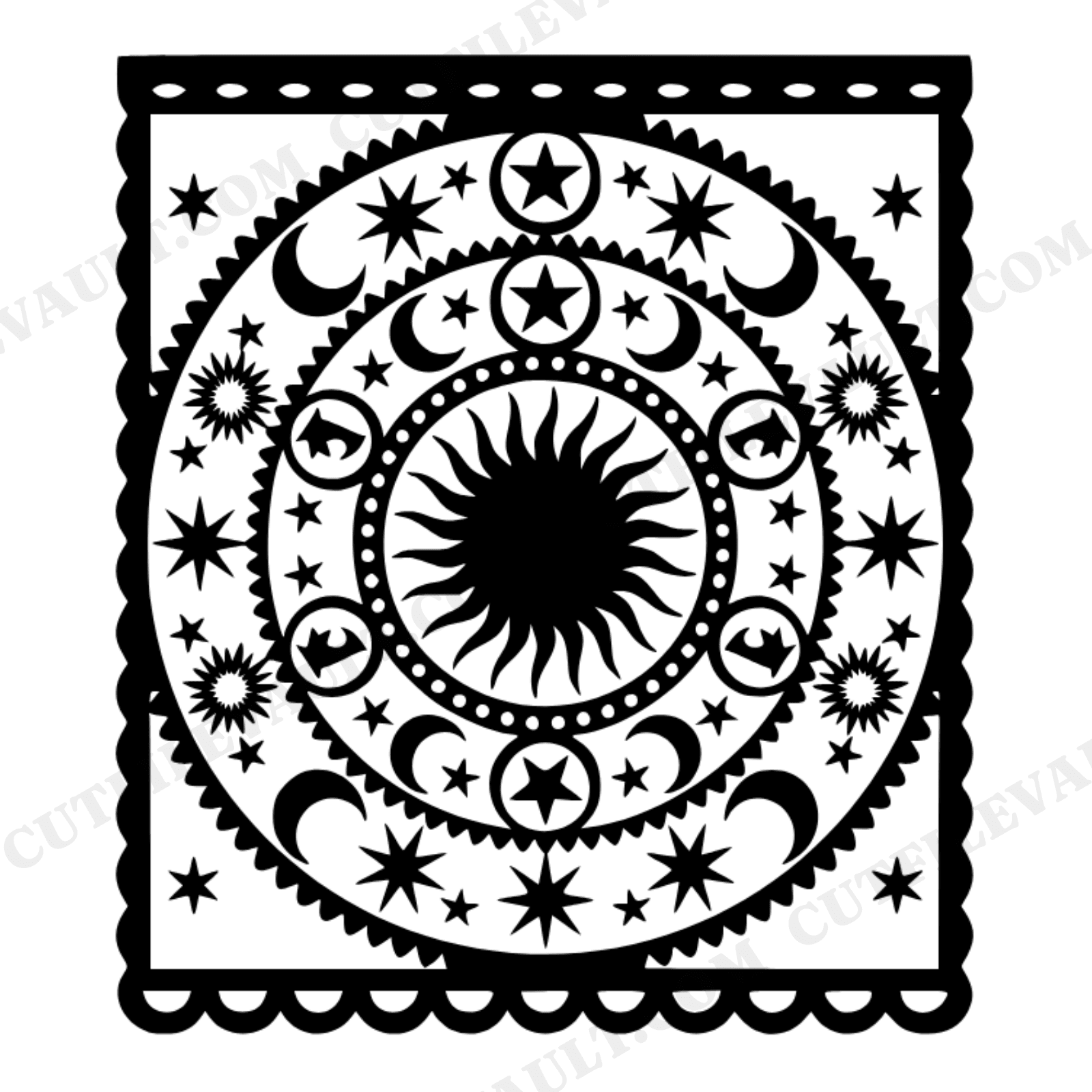 Celestial Mandala Papel Picado SVG PNG, Moon Phases Sun Stars Banner Panel Cut File for Cricut, view 1