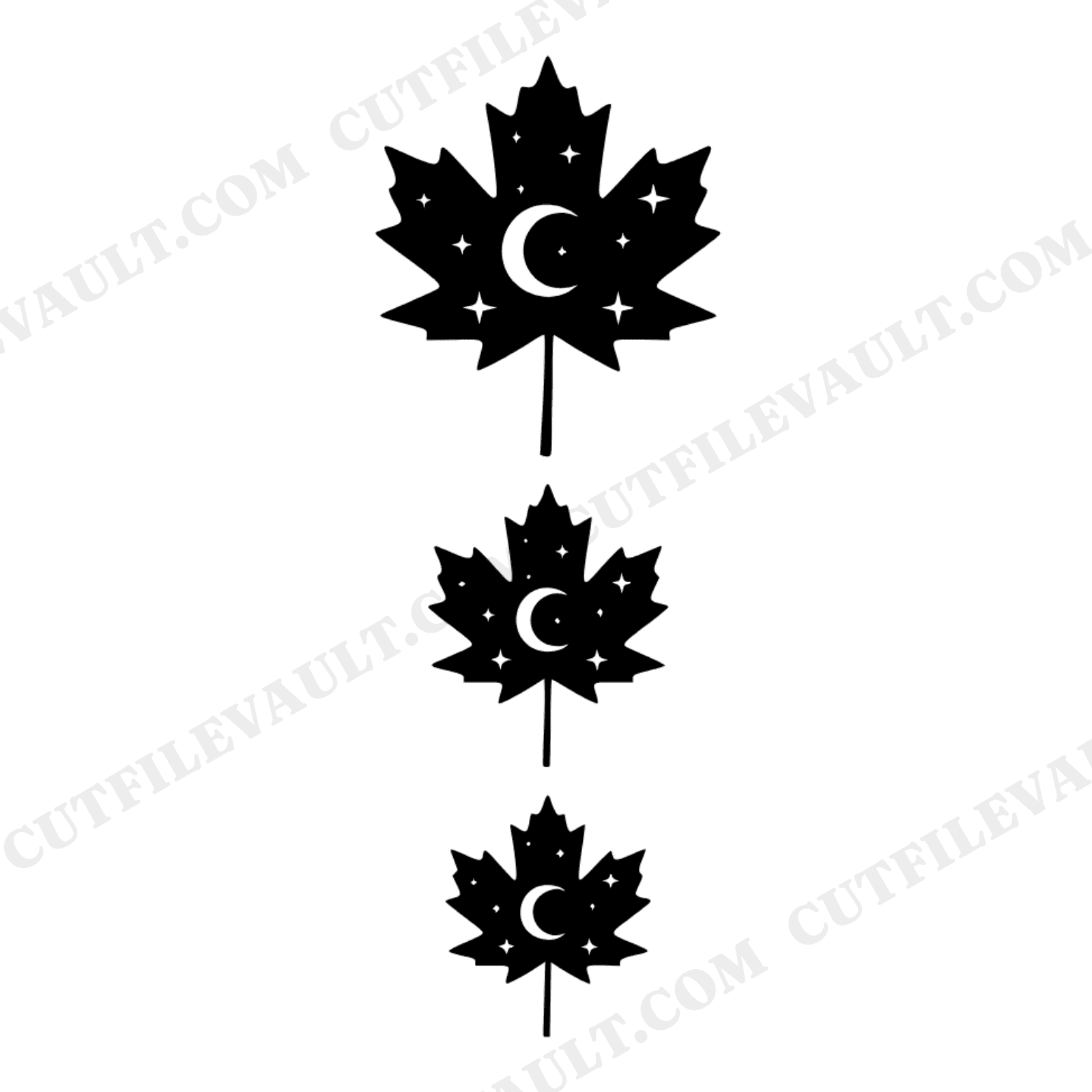 Celestial Maple Leaf Trio SVG PNG, Autumn Herbarium Specimen, Moon Phases Cut File, Fall Wall Art, view 1