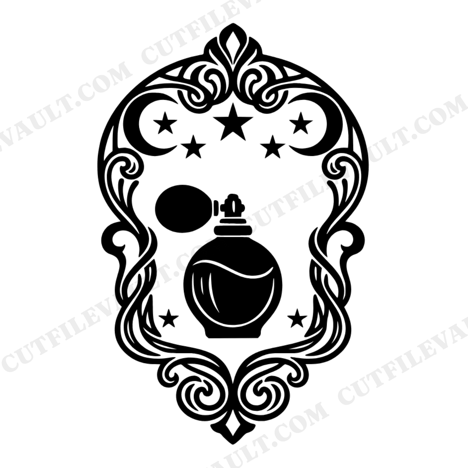 Celestial Perfume Bottle SVG PNG Art Nouveau Monogram Frame Cut File Mother's Day Vintage Design, view 1