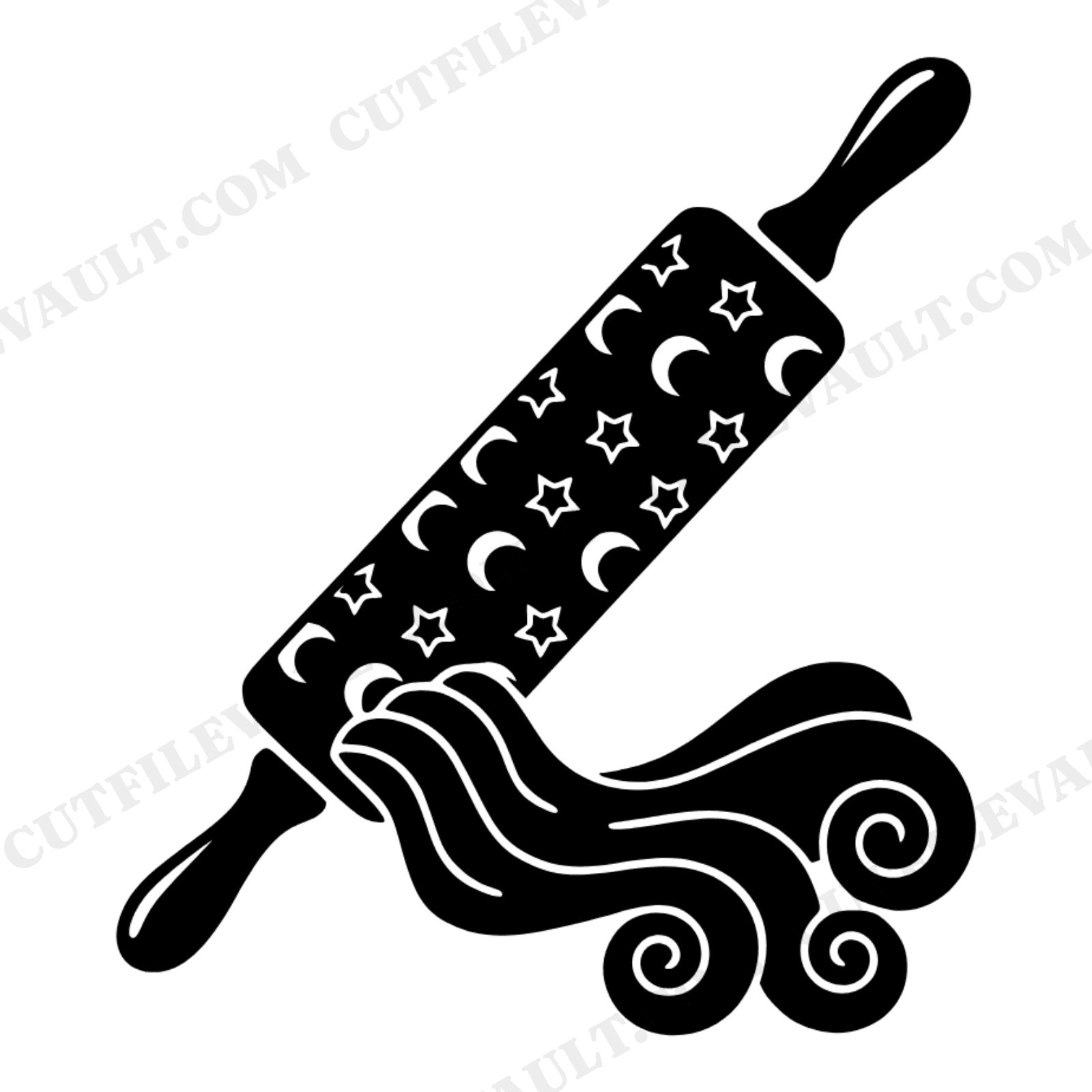 Celestial Rolling Pin SVG PNG, Mystical Moon Stars Dough Ribbon Cut File, Retro 70s Baking Design, view 1