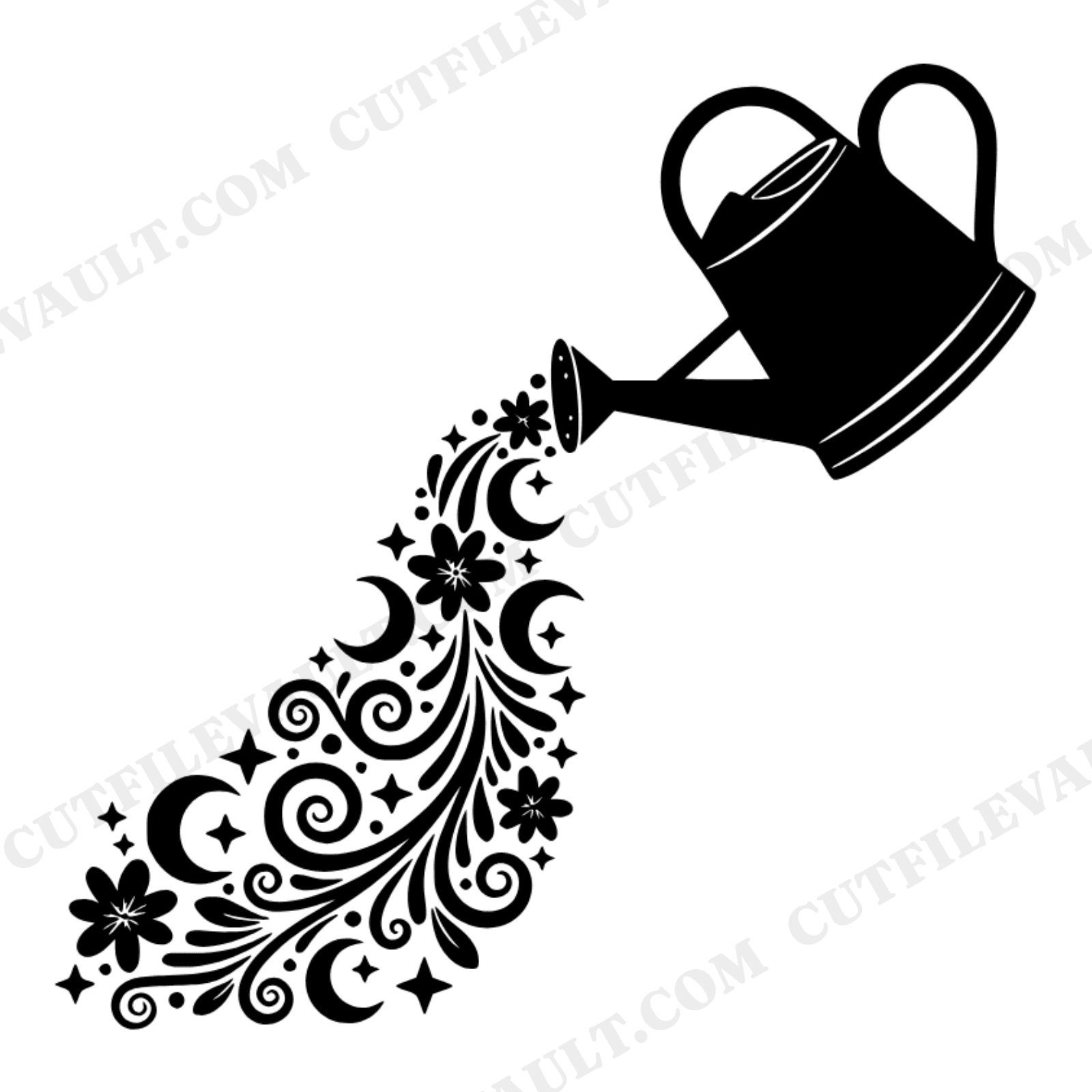 Celestial Watering Can SVG PNG, Mystical Flower Cascade, Moon Stars Garden Cut File, Mother's Day, view 1