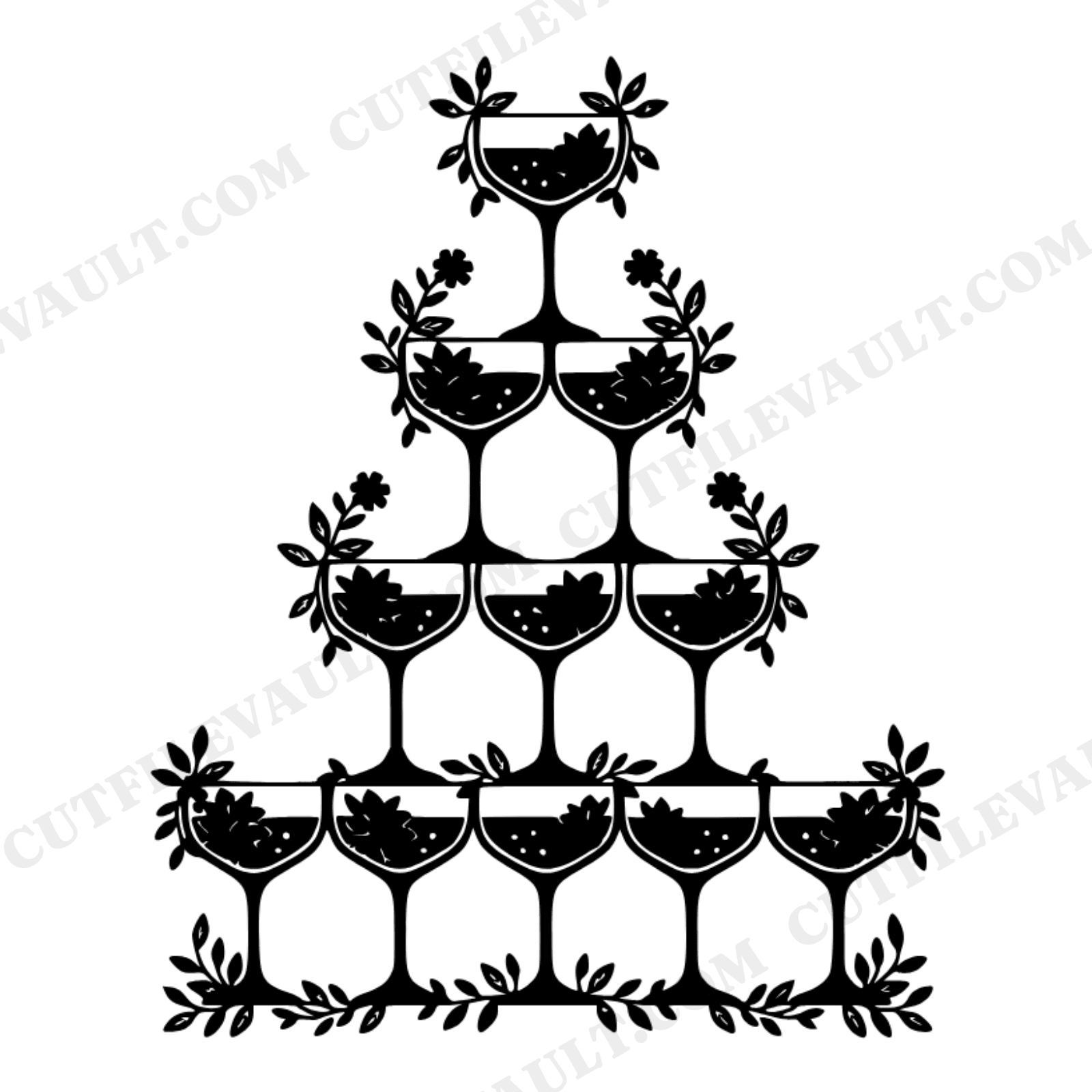 Champagne Coupe Tower SVG PNG, Wedding Toast Silhouette, Geometric Floral Bridal Shower Cut File, view 1