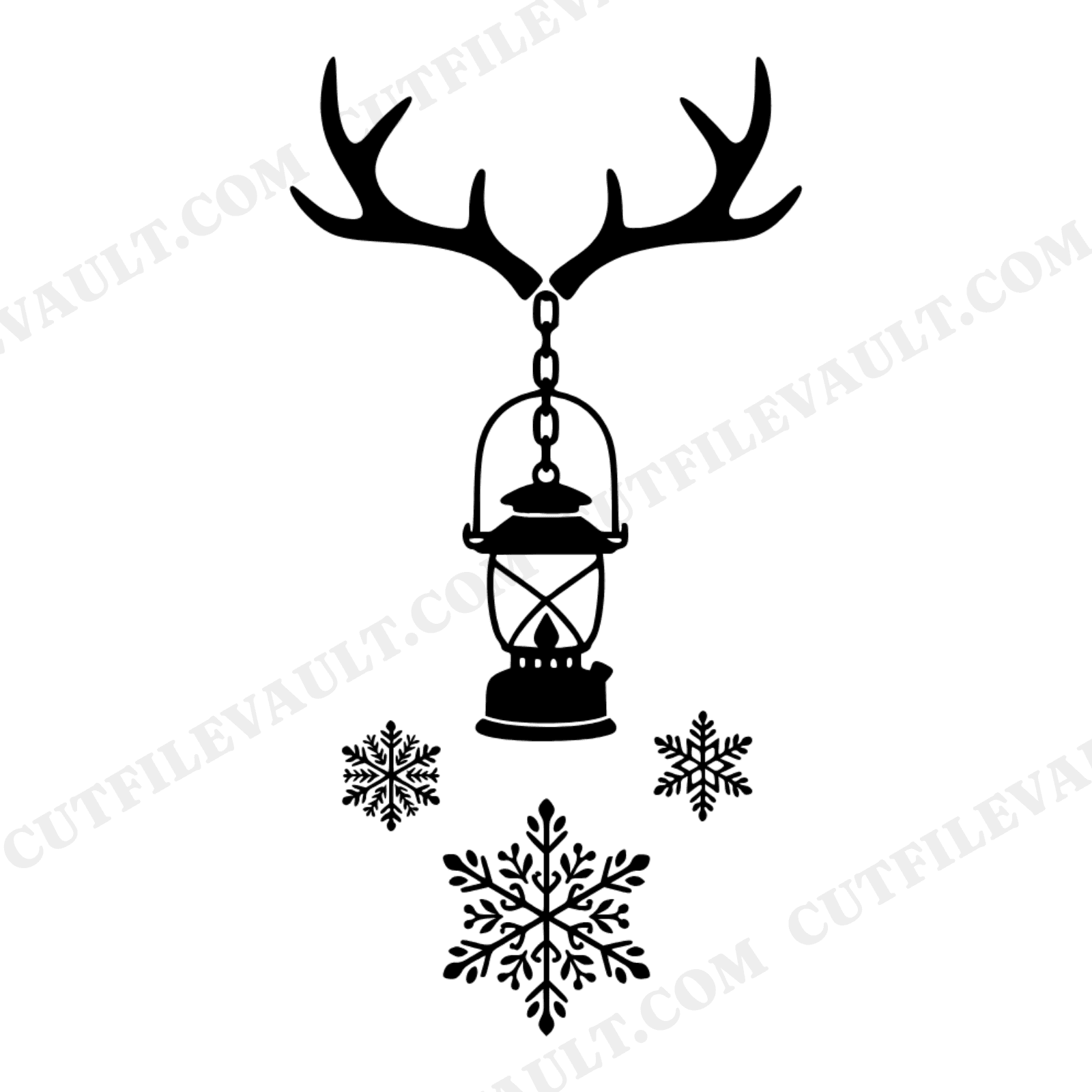 Christmas Camping Lantern SVG, Antler Rack with Snowflakes PNG, Rustic Holiday Cut File Design, view 1