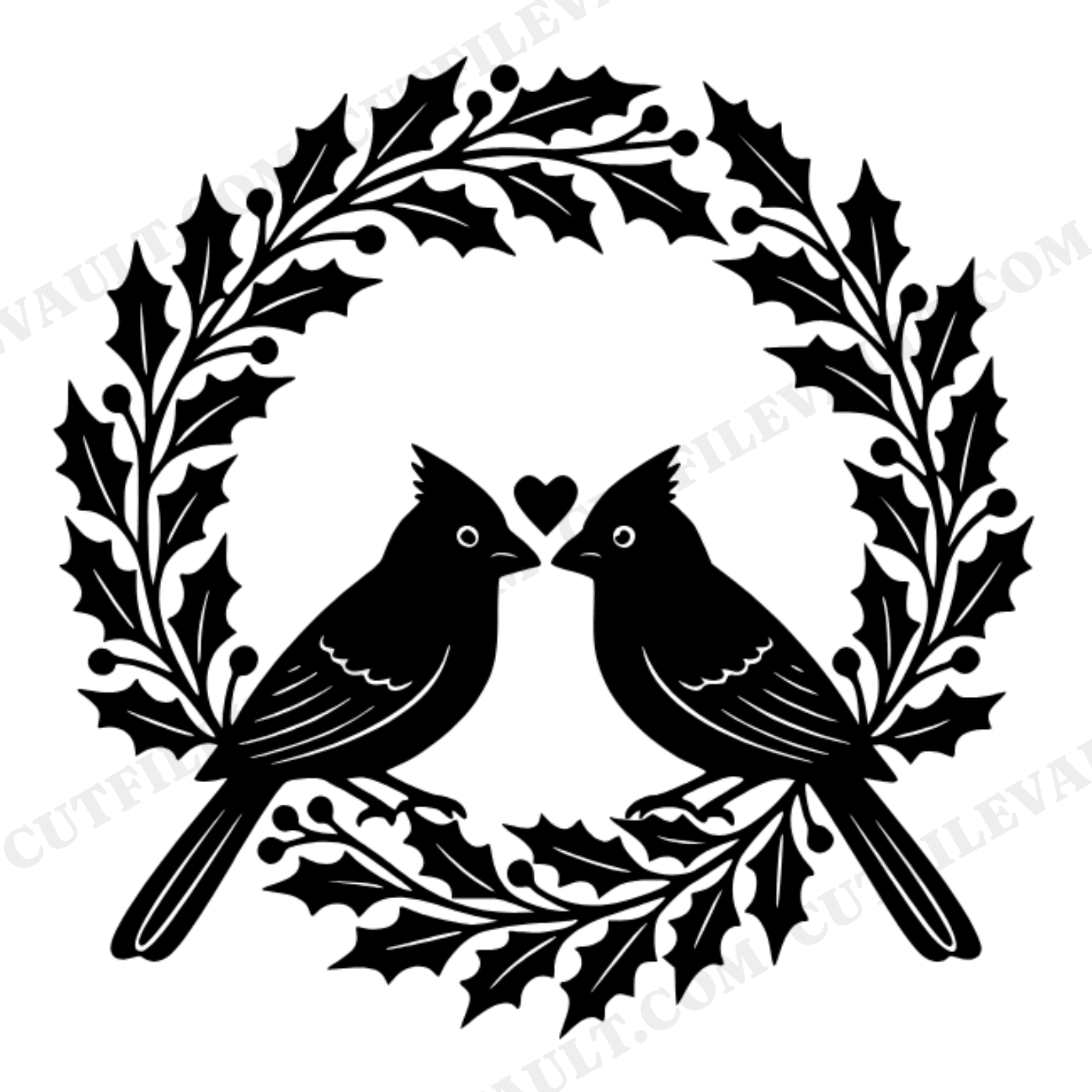 Christmas Cardinal Pair SVG, Holly Wreath Heart PNG, Boho Holiday Birds Cut File for Cricut, view 1