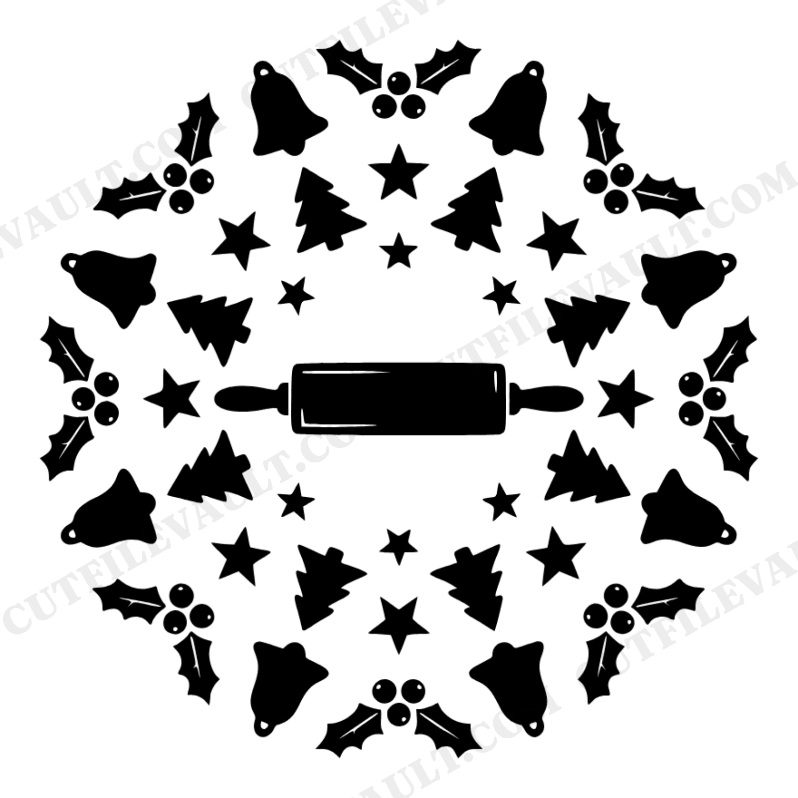 Christmas Rolling Pin Mandala SVG PNG, Cookie Cutter Farmhouse Kitchen Wall Art Cut File, view 1