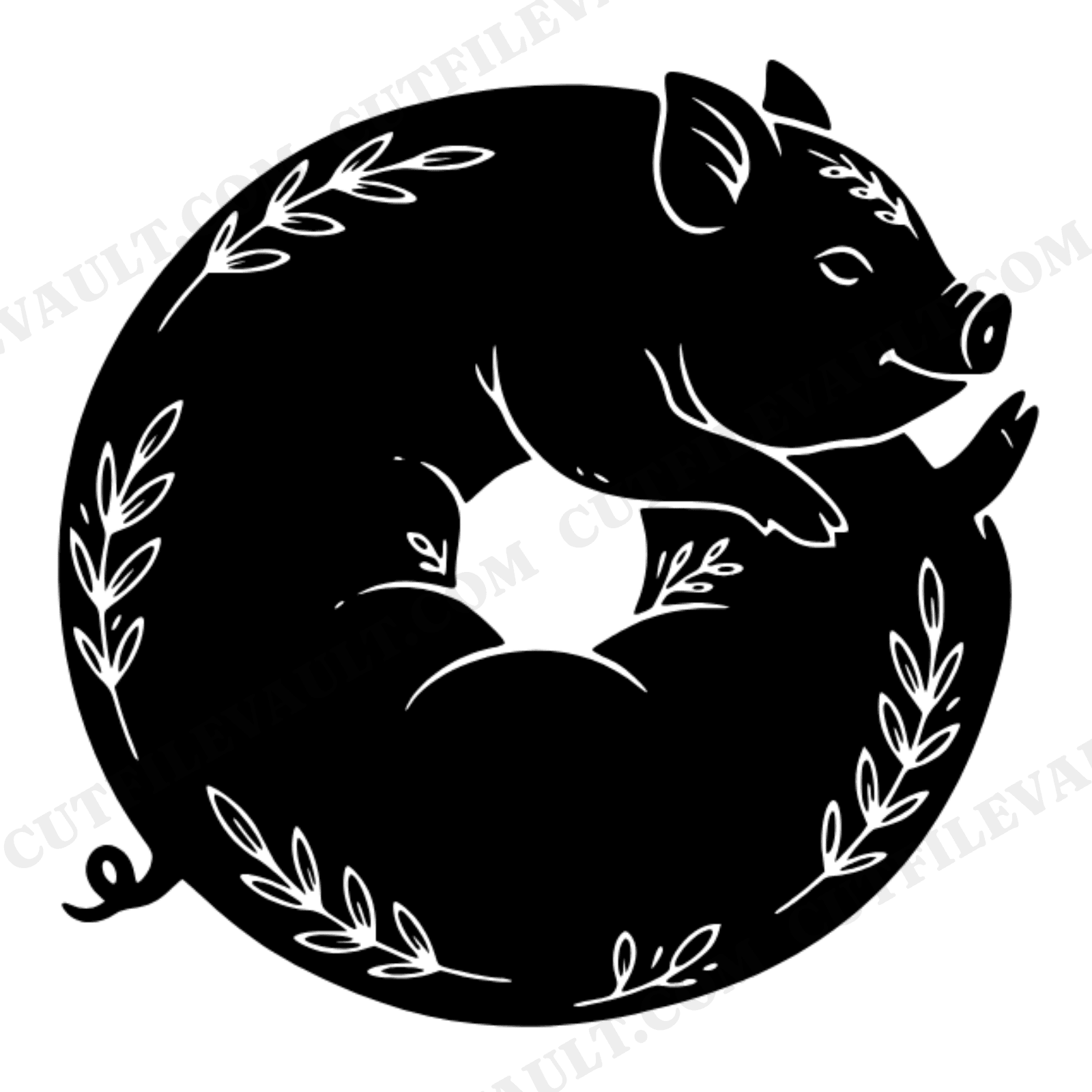 Chubby Piglet Donut Ring SVG PNG, Vintage Botanical Silhouette Cut File, National Donut Day, view 1