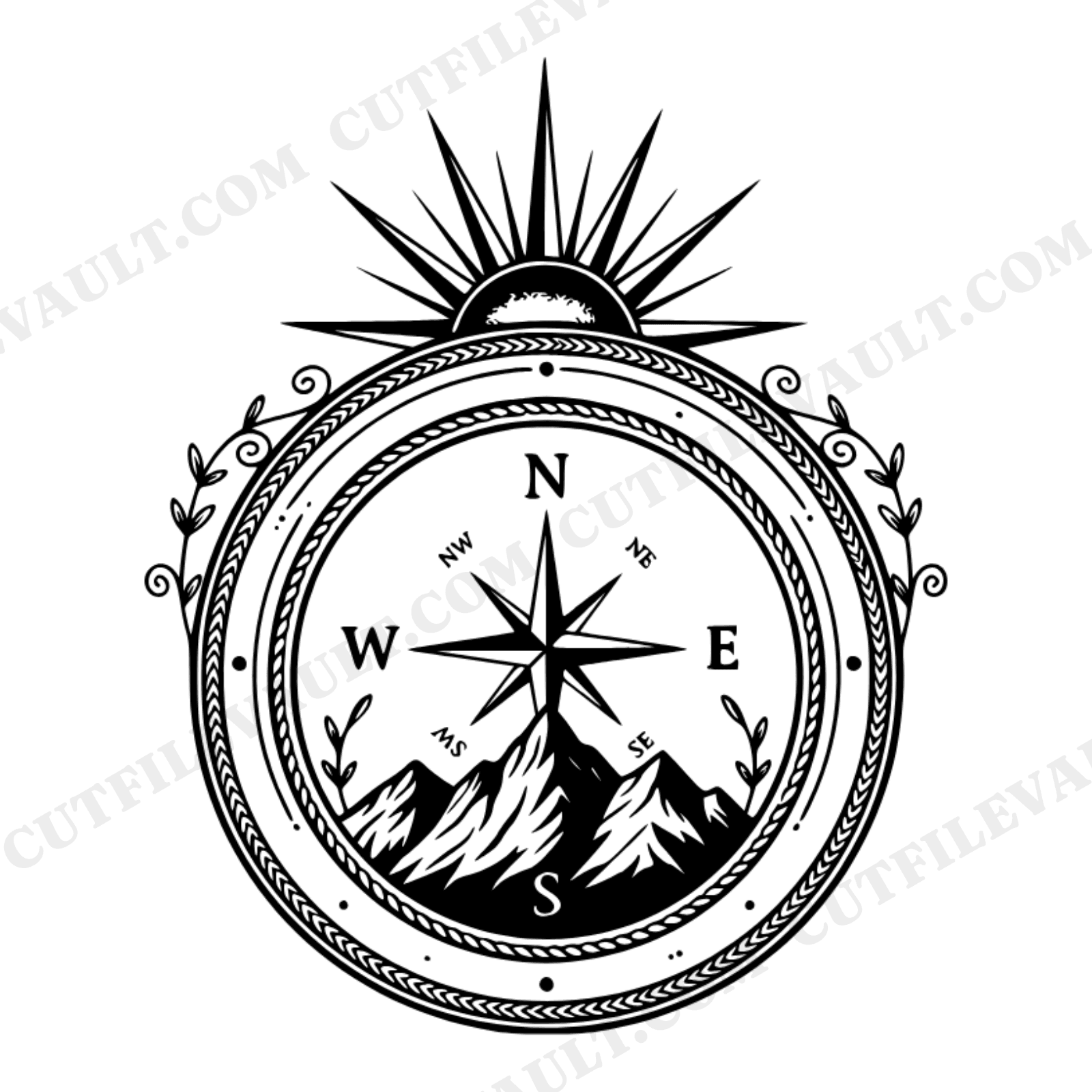 Compass Rose Mountain Circle Frame SVG PNG Father's Day Cut File Boho Cottagecore Design, view 1