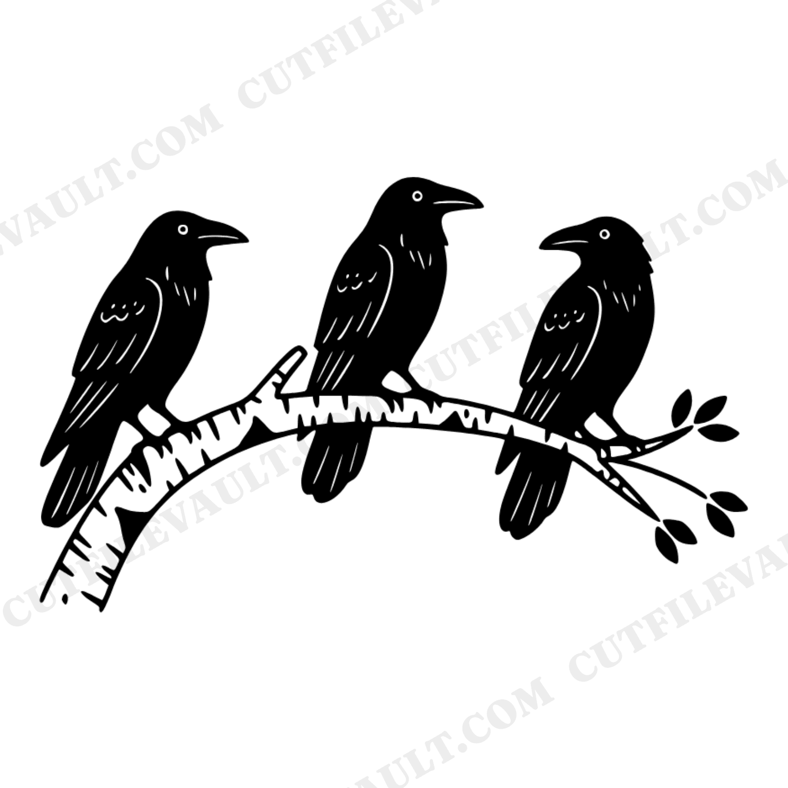 Crescent Birch Branch with Three Ravens SVG PNG, Scandinavian Halloween Cut File, Nordic Folk Art, view 1