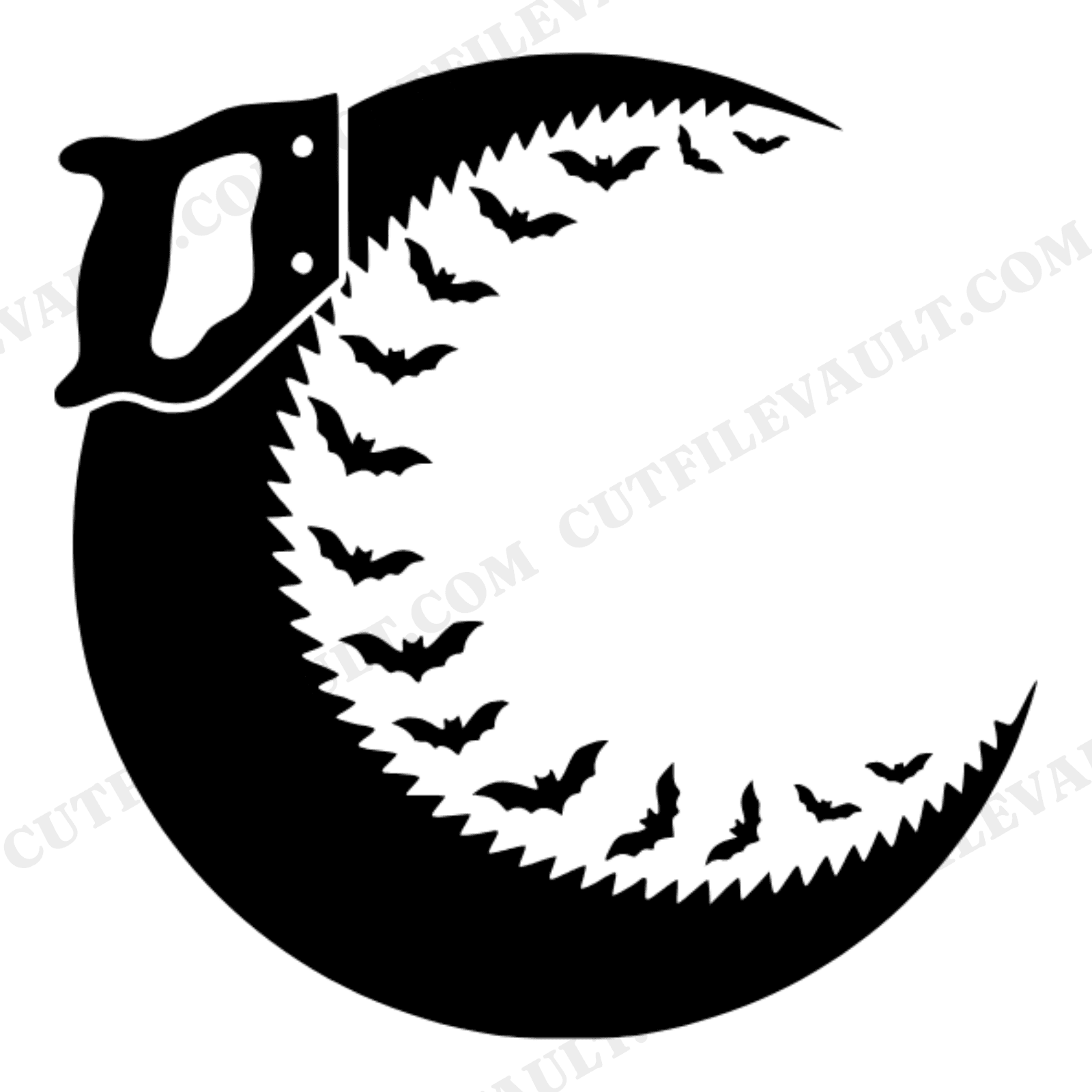 Crescent Handsaw Moon with Flying Bats SVG PNG, Retro 70s Halloween Cut File, Spooky Workshop Decor, view 1