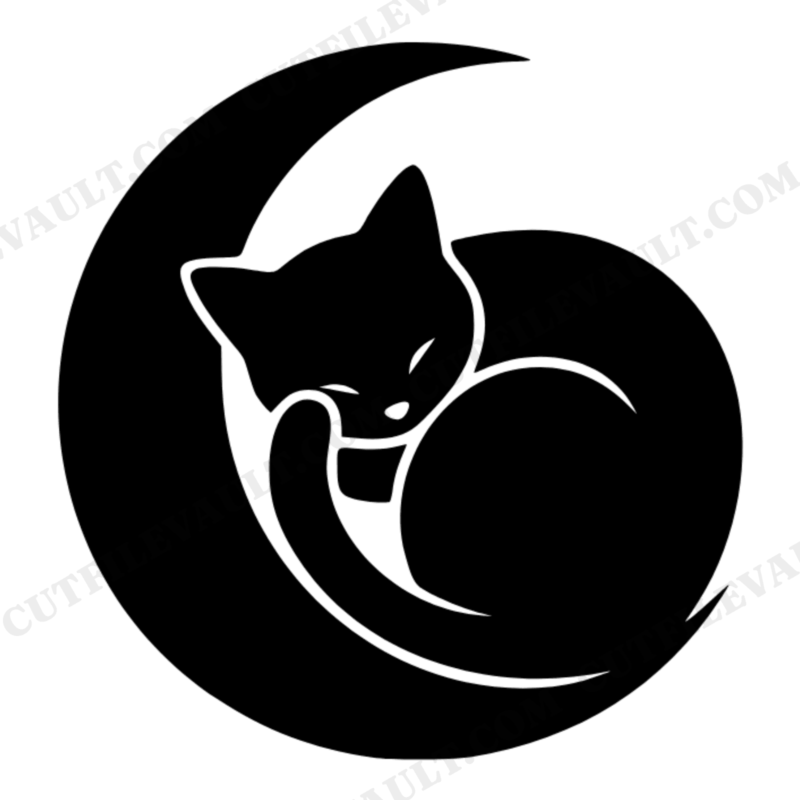 Crescent Moon Sleeping Cat SVG PNG, Black Cat Day Silhouette, Boho Celestial Halloween Cut File, view 1