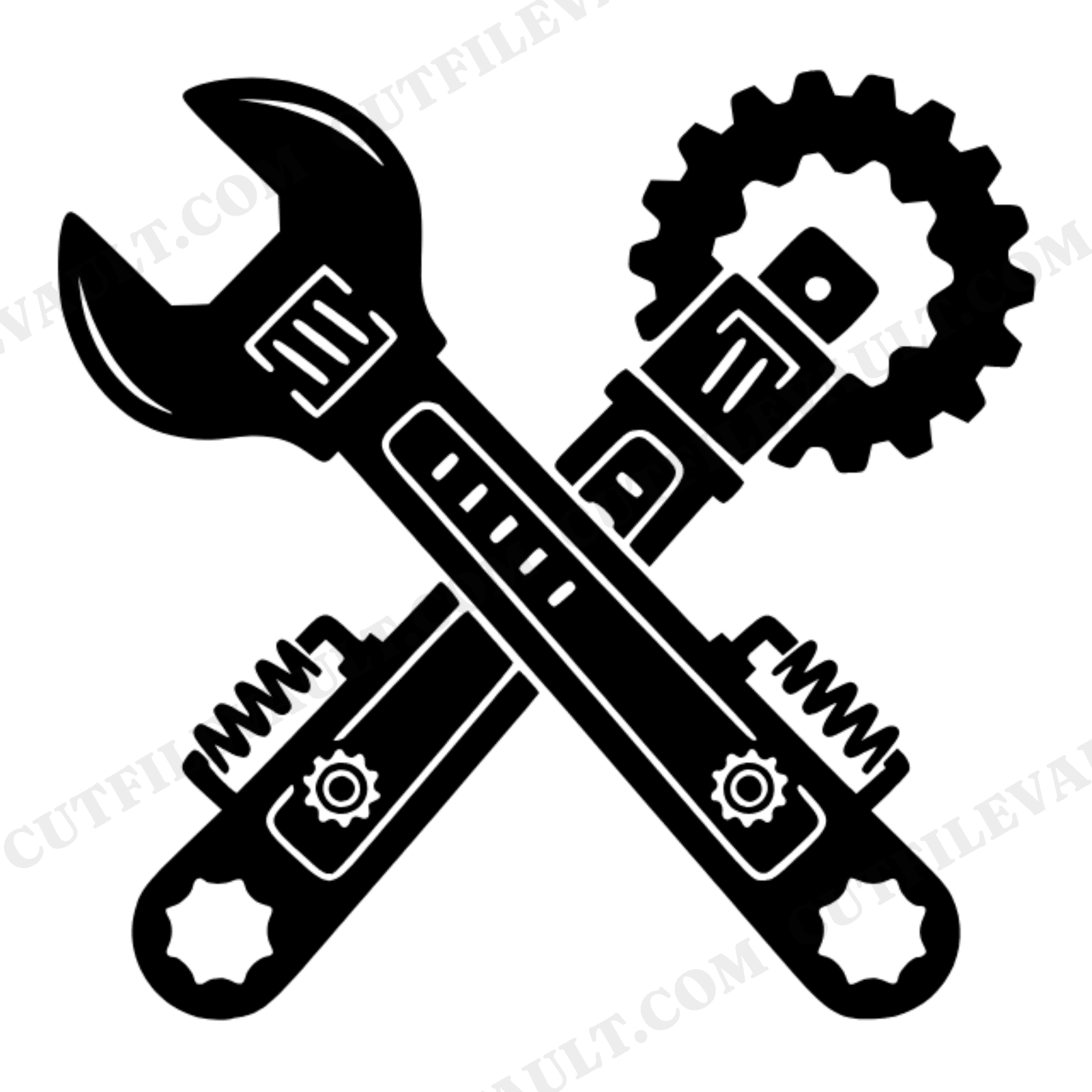 Crossed Steampunk Wrenches SVG PNG Labor Day Silhouette Retro 70s Industrial Mechanic Cut File, view 1