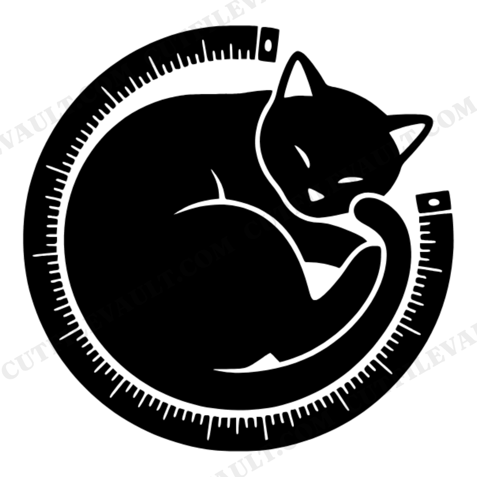 Curled Cat in Measuring Tape SVG PNG, International Cat Day, Crafting Cat Line Art Cut File, view 1