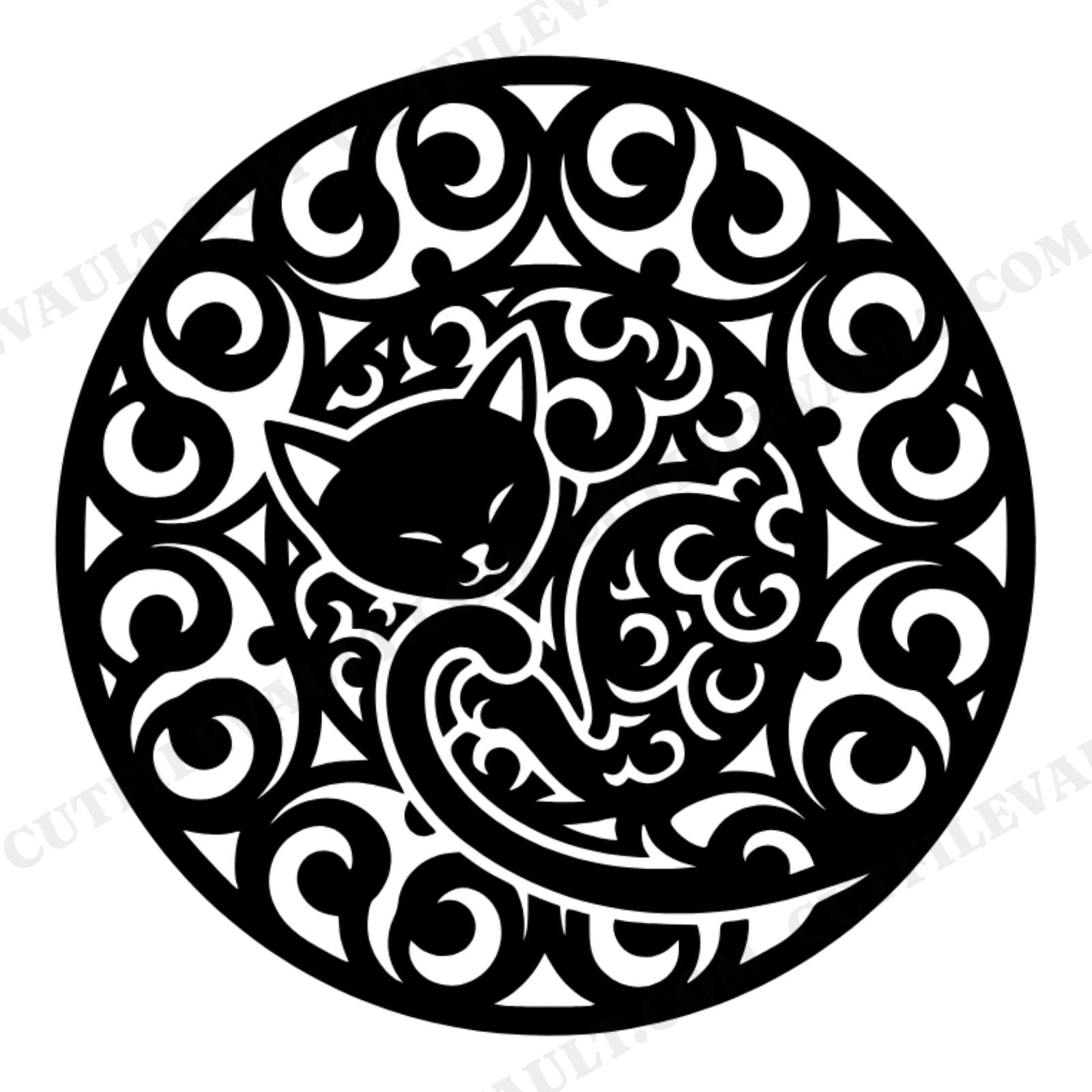 Curled Cat Mandala SVG PNG, Scandinavian Folk Art Ornament Cut File, Sleeping Cat Circle Design, view 1