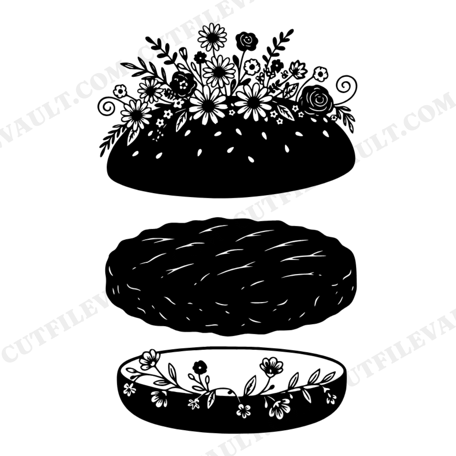 Exploded Burger Stack SVG PNG, Floral Sesame Bun Cut File, Cottagecore Kitchen Decor, BBQ Craft Design, view 1