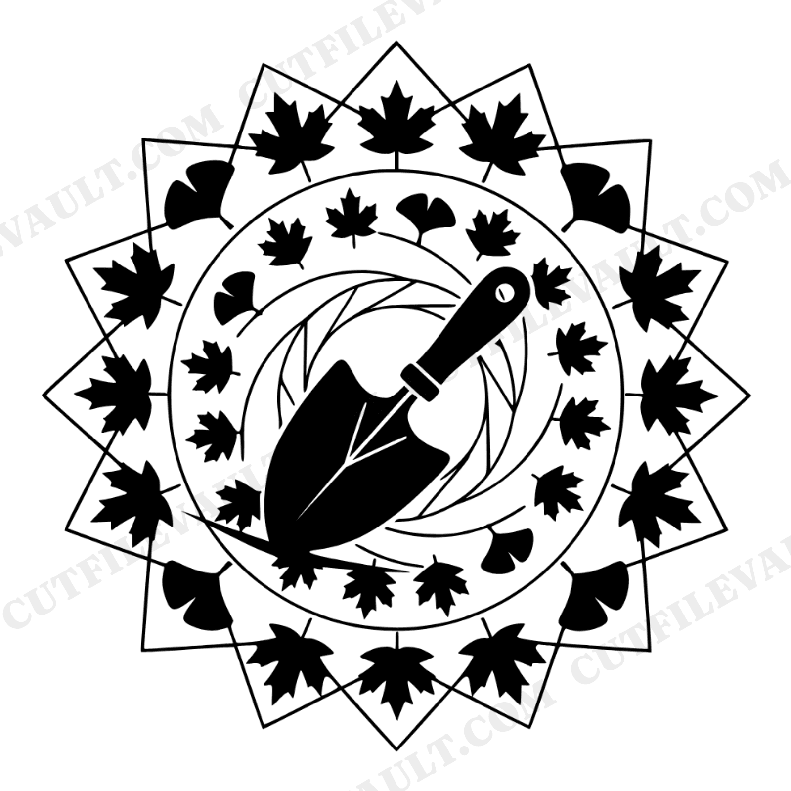 Fall Equinox Garden Trowel Constellation SVG PNG, Art Deco Autumn Leaves Cut File, Gardening Design, view 1