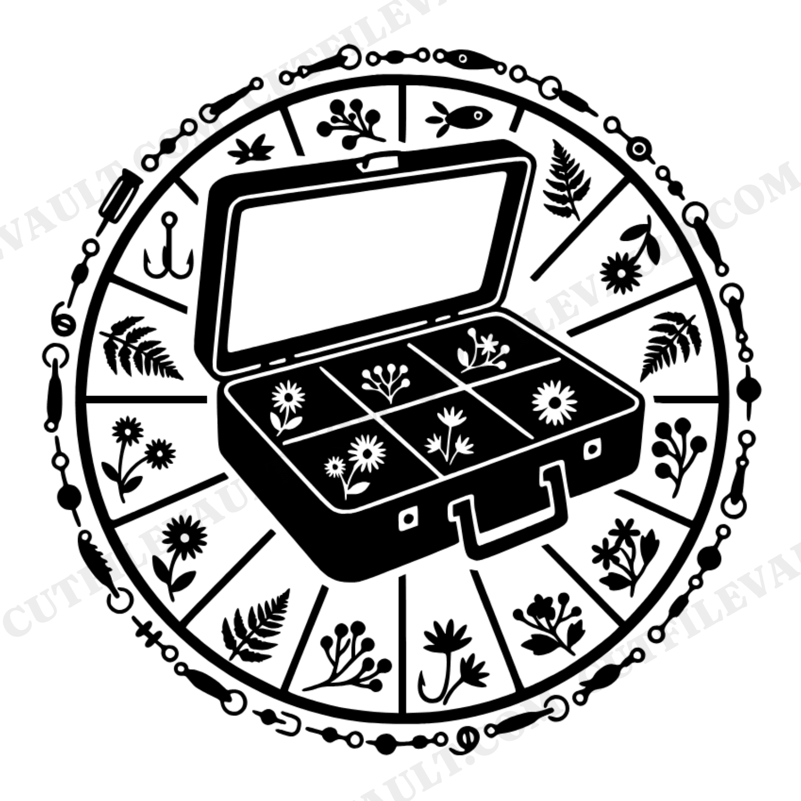 Father's Day Tackle Box SVG PNG, Vintage Fishing Wax Seal Badge, Cottagecore Floral Cut File, view 1