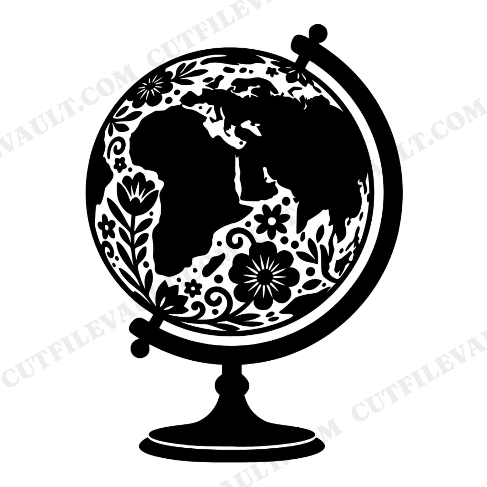 Folk Art Globe SVG PNG, Vintage Botanical Papercut Desktop Globe on Stand, Back to School Cut File, view 1