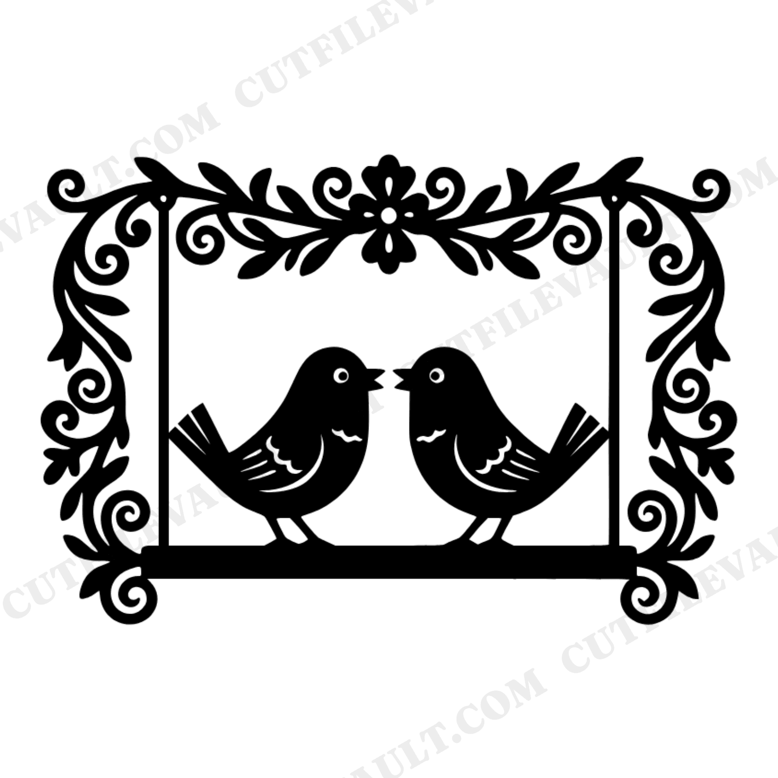 Folk Love Birds on Floral Swing SVG PNG, Scandinavian Wedding Papercut, Romantic Love Birds Cut File, view 1
