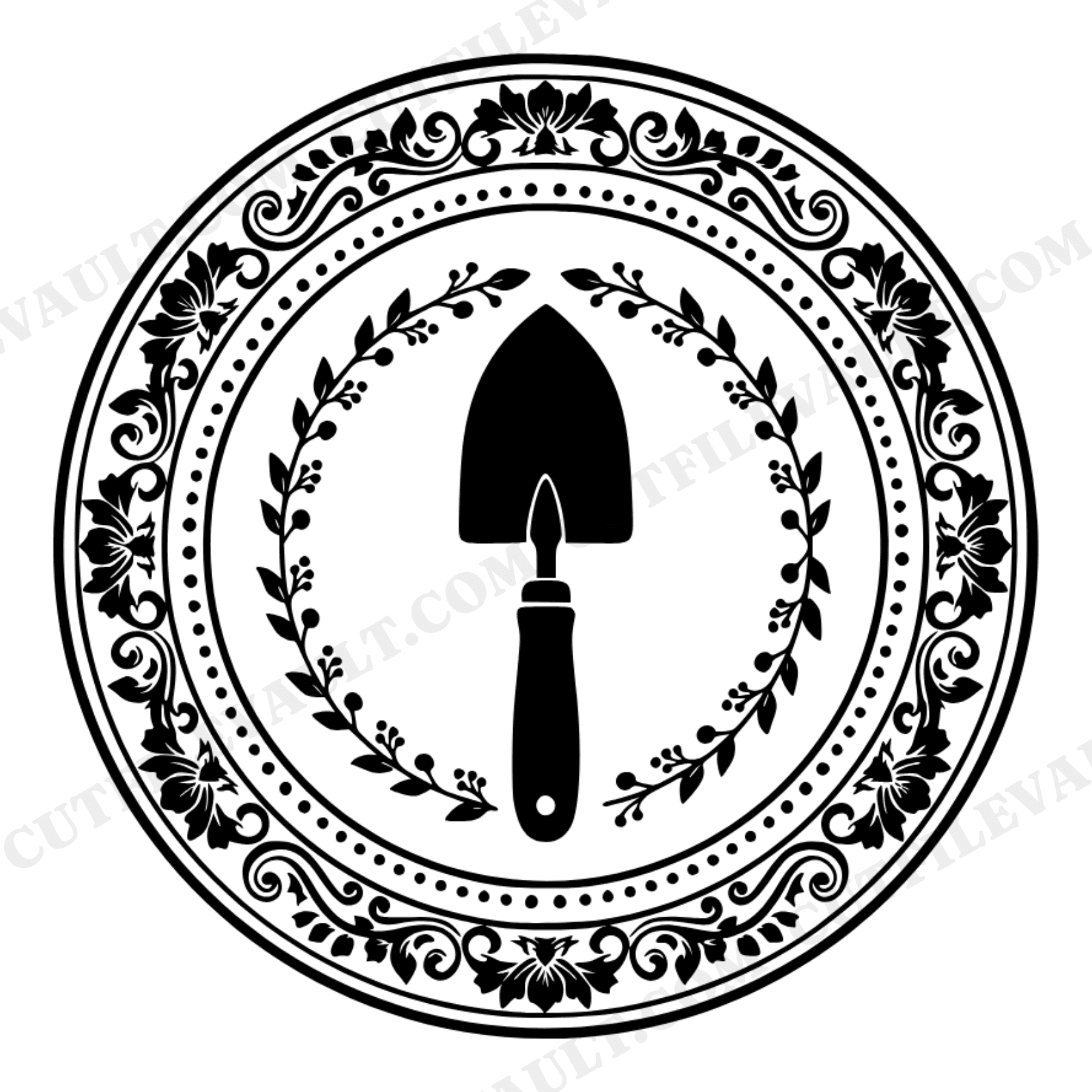 Garden Trowel SVG PNG, Vintage Botanical Wax Seal Emblem, Mothers Day Gardening Cut File, view 1