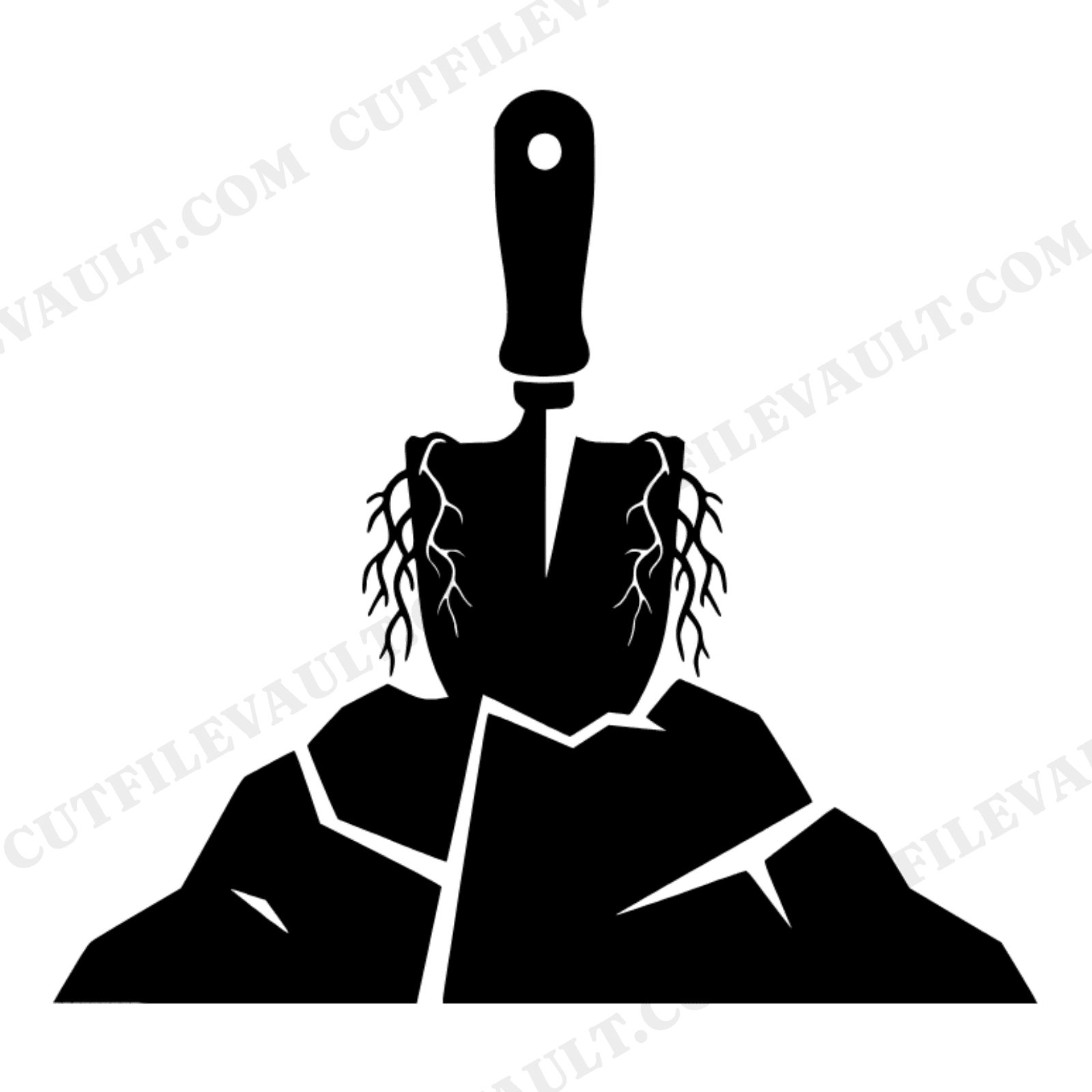 Garden Trowel SVG, Rooted Soil Mound PNG, Gardening Tool Cut File, Modern Brutalist Silhouette, view 1