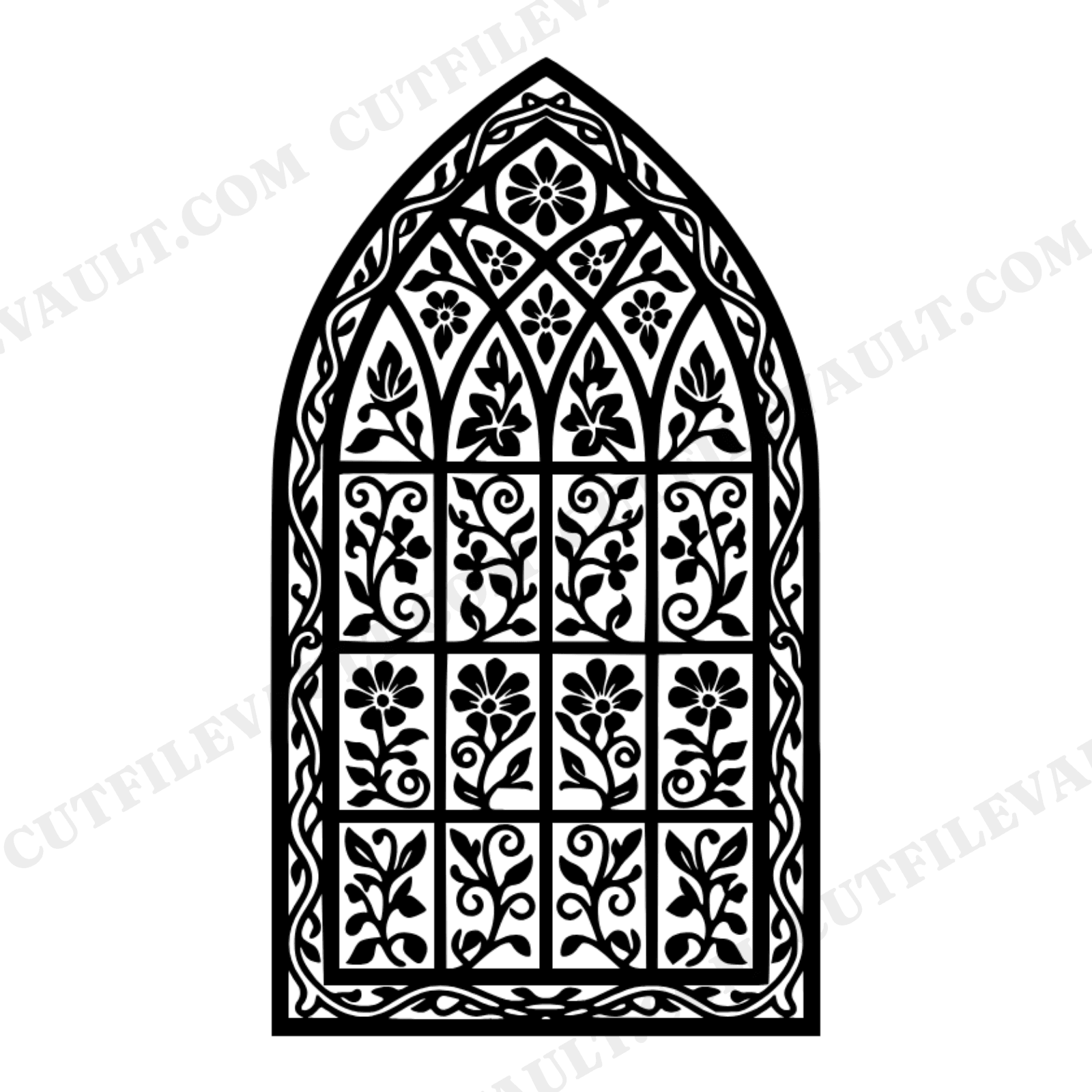 Gothic Arch Window SVG PNG, Botanical Stained Glass Floral Vine Wedding Invitation Cut File, view 1