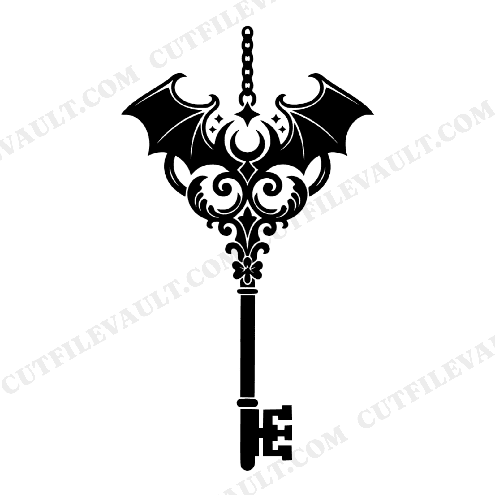 Gothic Skeleton Key SVG PNG, Celestial Bat Wing Halloween Cut File, Art Nouveau Mystical Decor Design, view 1