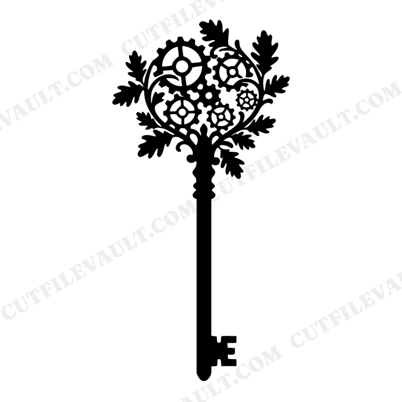 Gothic Steampunk Skeleton Key SVG PNG, Oak Leaves Gears Clockwork Cut File, Halloween Boho Decor, view 1