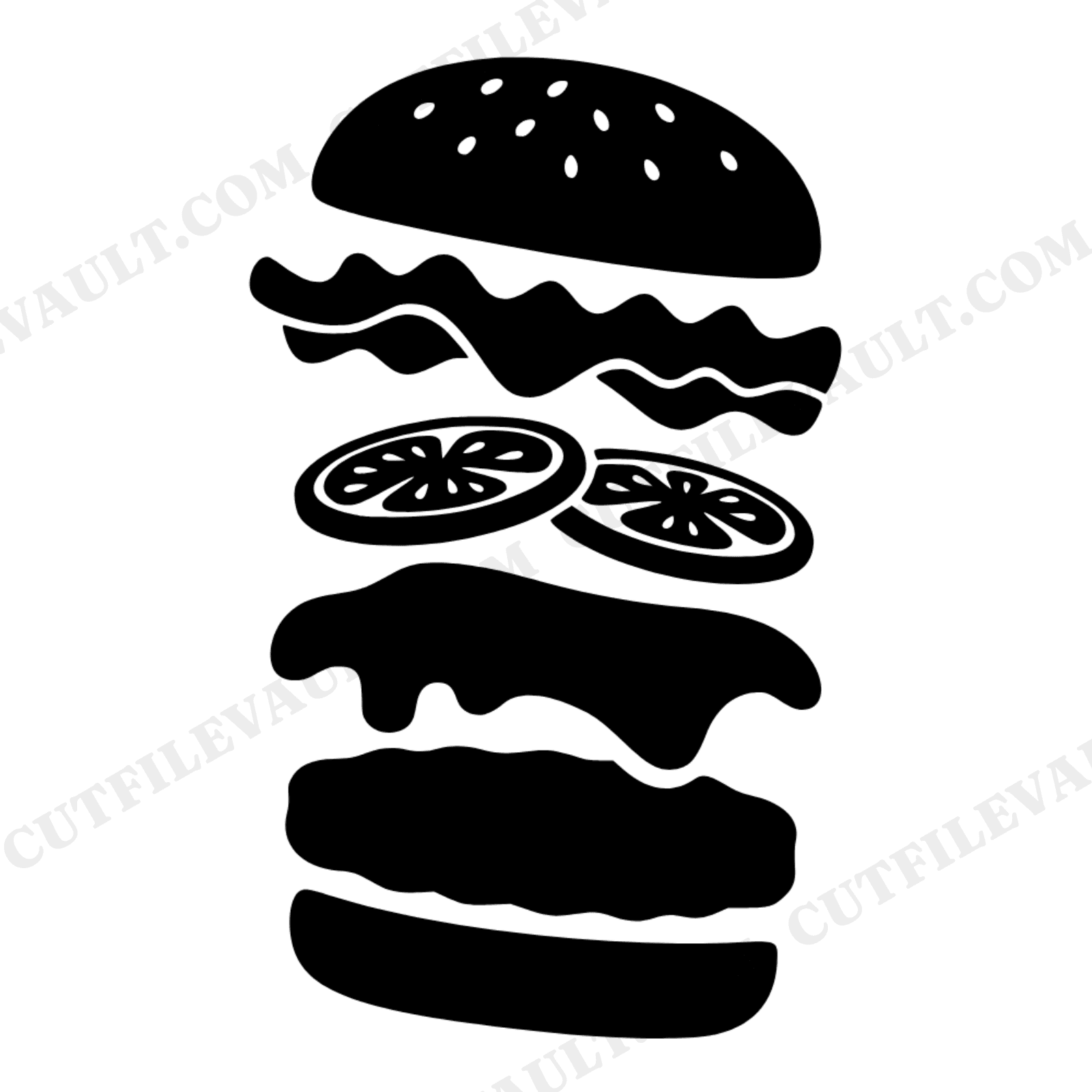 Groovy Cheeseburger SVG PNG, Retro Burger Layers, 70s Boho Kitchen Decor, Floating Food Stack Cut File, view 1