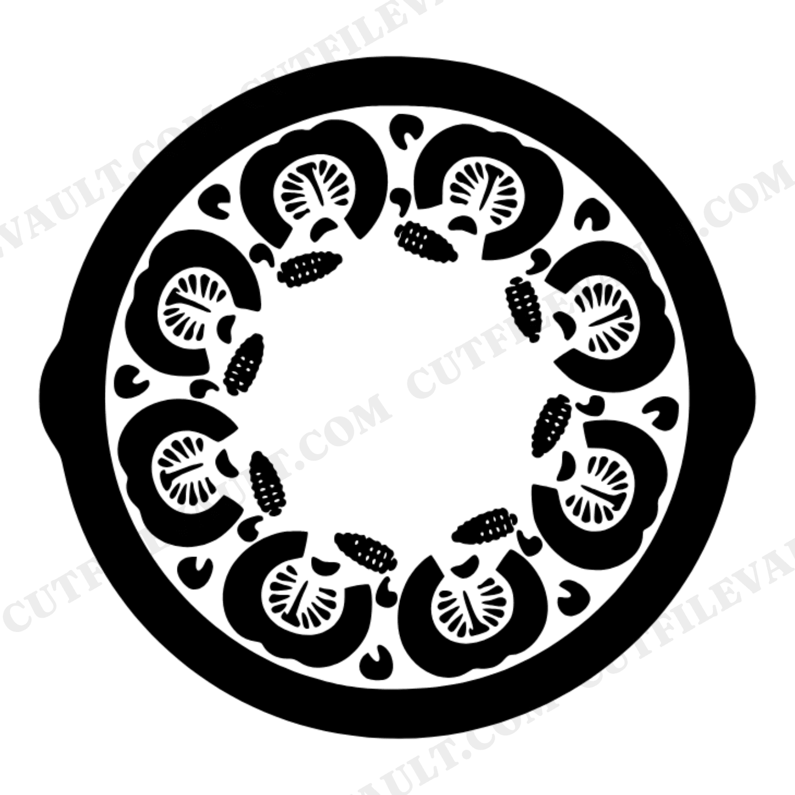 Harvest Skillet Wreath SVG PNG, Cast Iron Thanksgiving Pumpkin Corn Squash Fall Kitchen Cut File, view 1