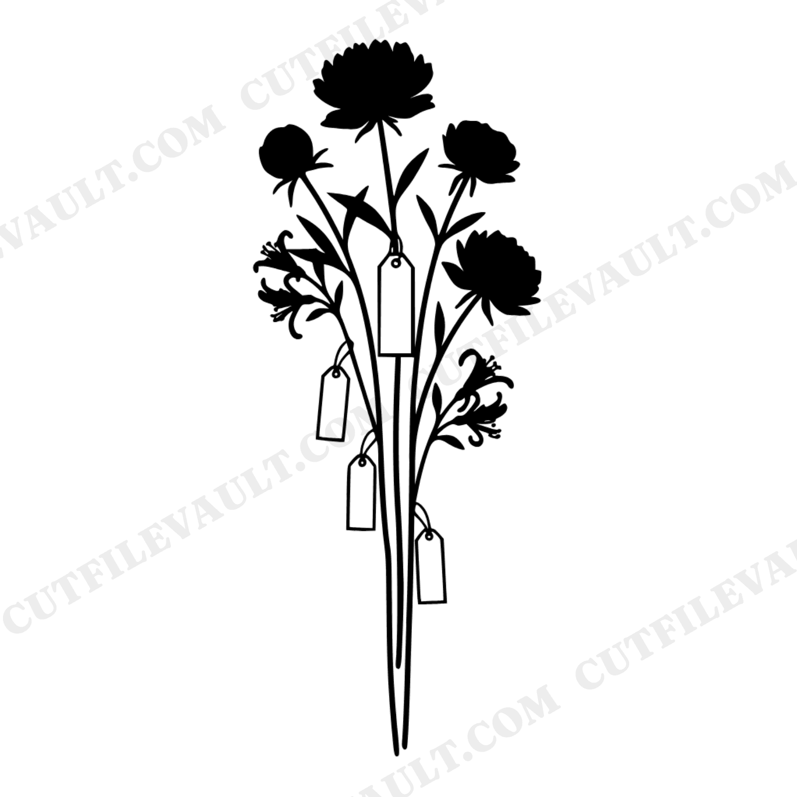 Herbarium Botanical Wedding Cake Topper SVG PNG, Peony Rose Honeysuckle Floral Arrangement Cut File, view 1