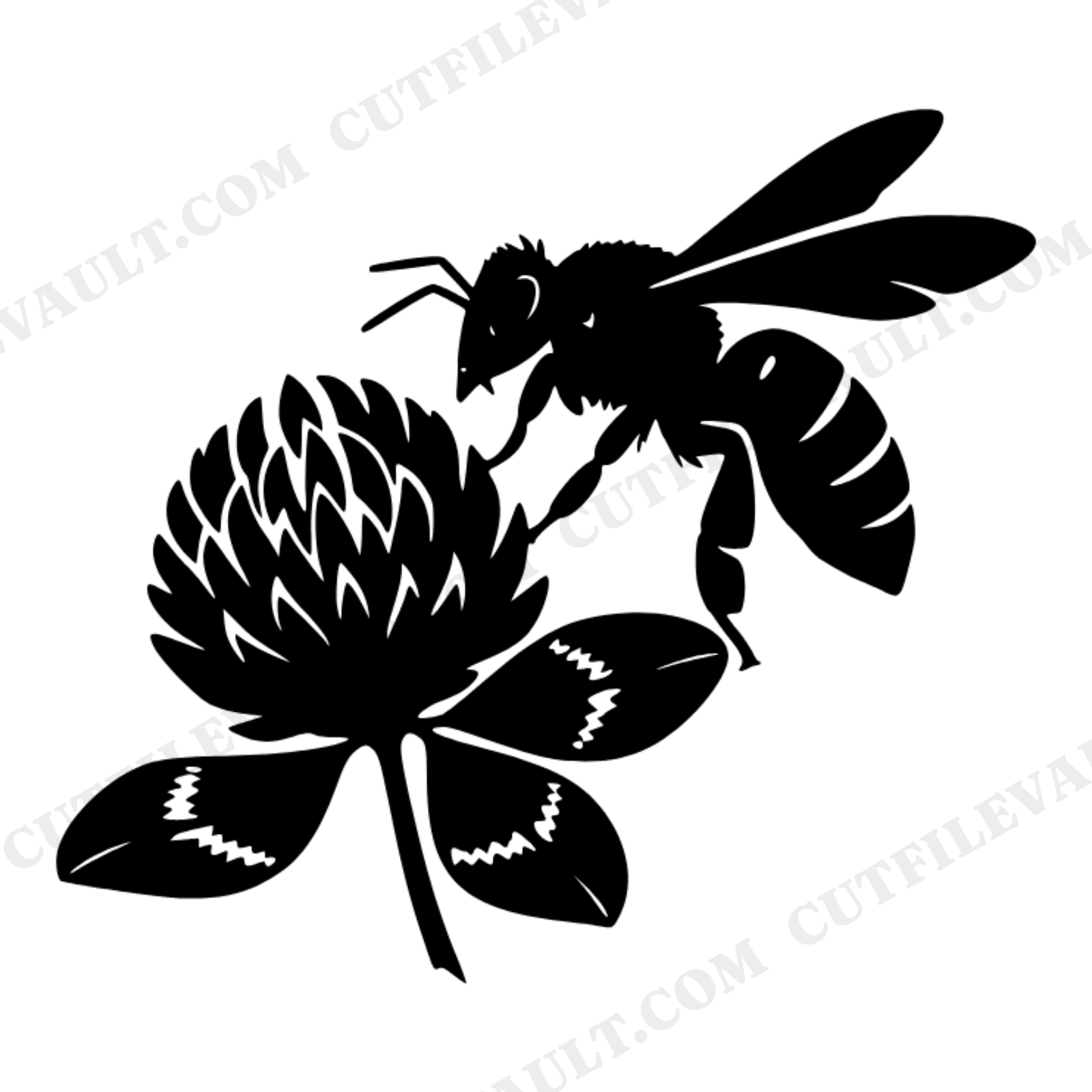 Honey Bee Landing on Clover SVG PNG, Abstract Bee Blossom Cut File, Pollinator Silhouette Design, view 1
