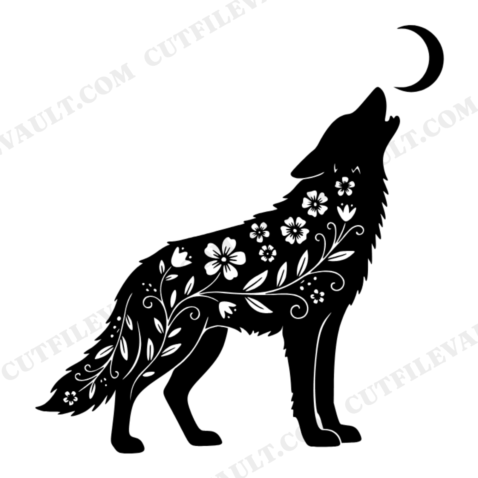Howling Wolf SVG, Crescent Moon Wildflower Wolf PNG, Cottagecore Floral Wolf Cut File, view 1