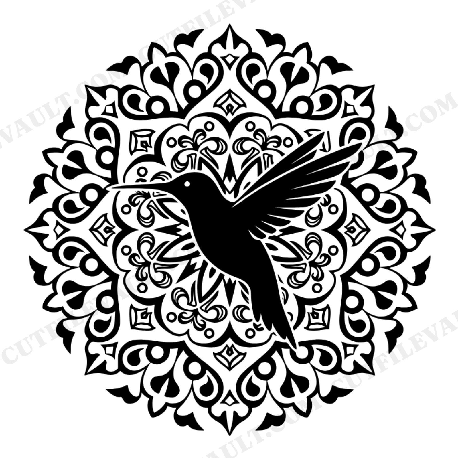 Hummingbird Mandala SVG PNG, Retro 70s Mothers Day Cut File, Vintage Bird Silhouette Design, view 1