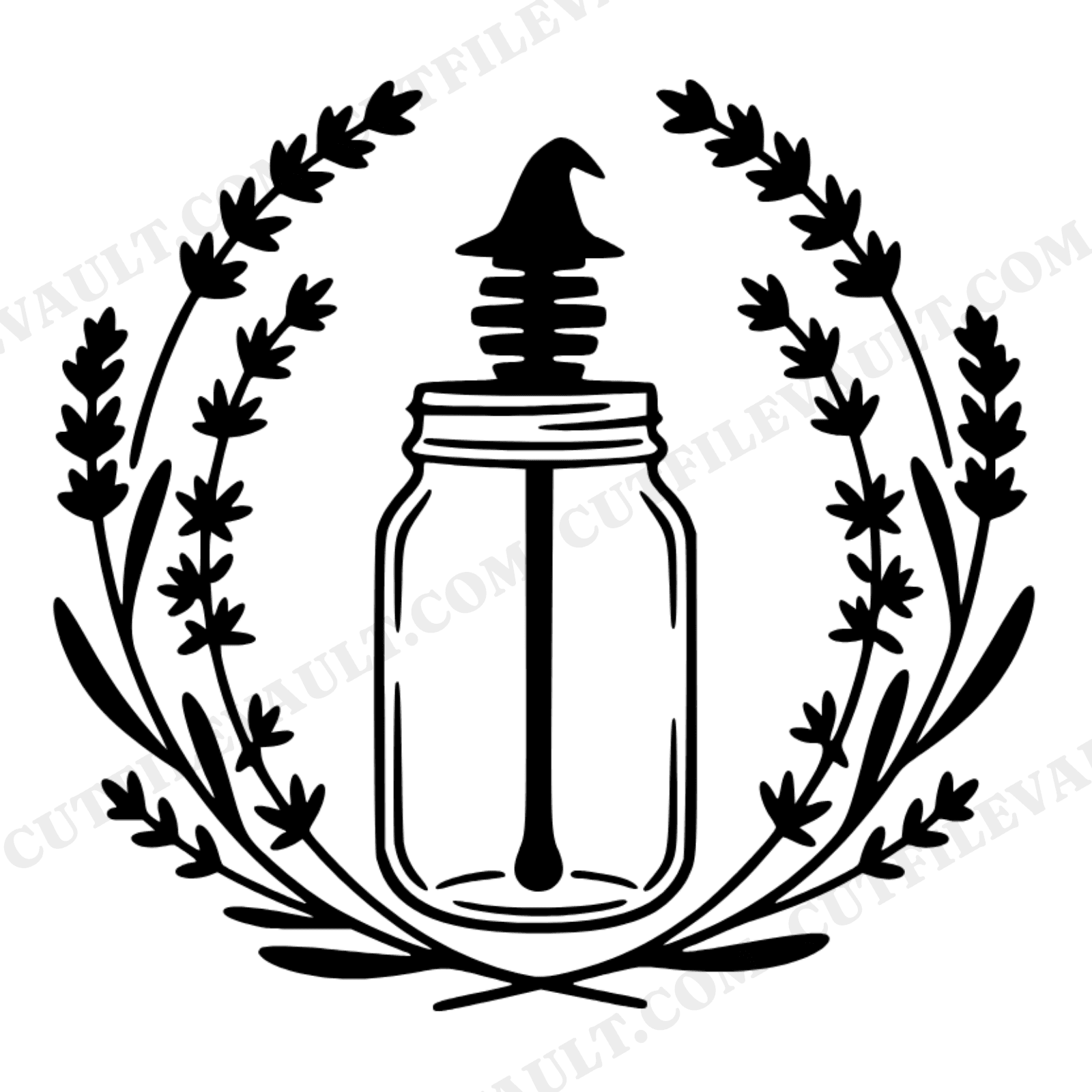 Kitchen Witch Honey Dipper SVG PNG, Botanical Wreath Cut File, Lavender Thyme Herb Design, view 1