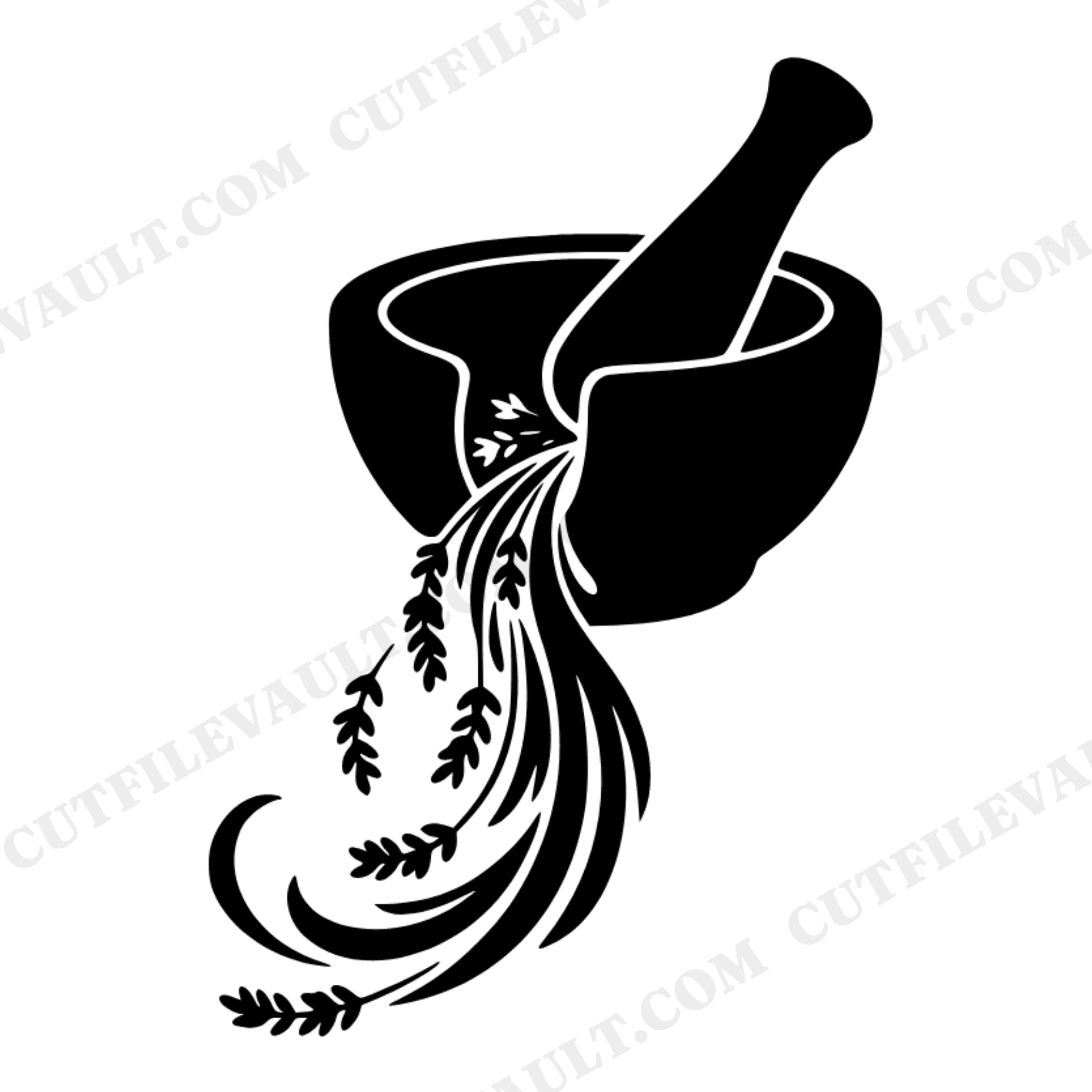 Kitchen Witch Mortar Lavender Cascade SVG PNG, Culinary Witch Herb Silhouette Cut File Design, view 1