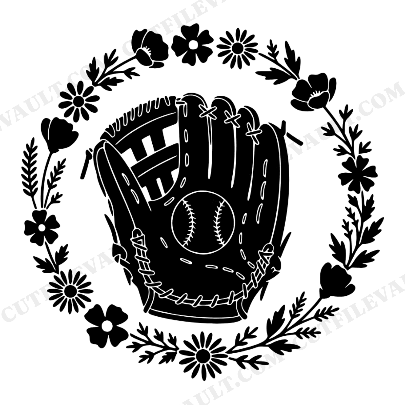 Labor Day Baseball Glove SVG PNG, Wildflower Wreath Baseball Glove Cut File, Cottagecore Sports, view 1