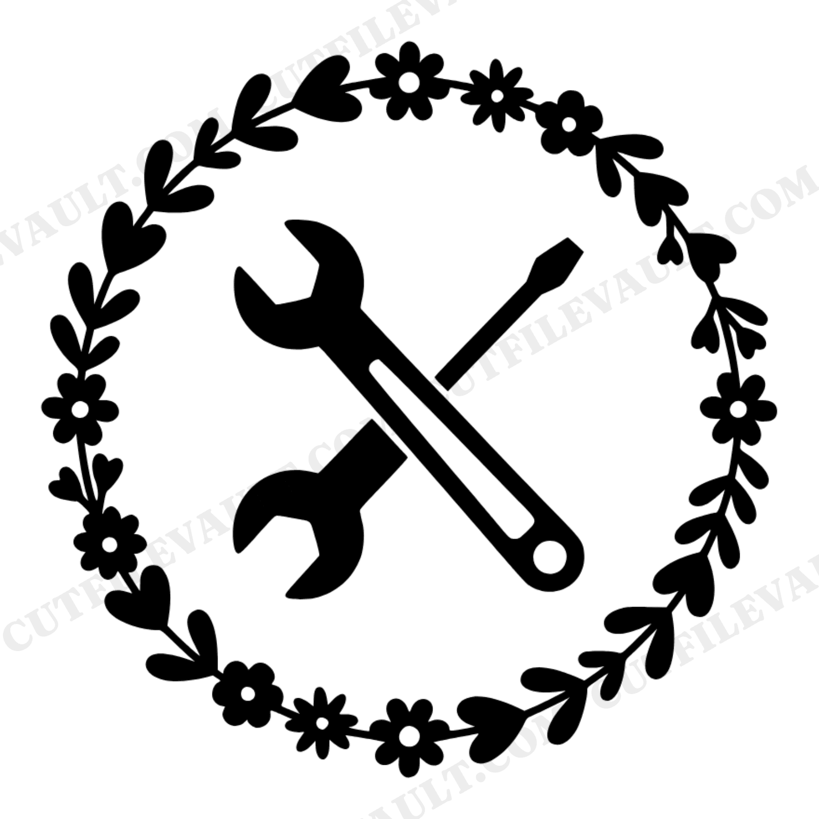 Labor Day Crossed Tools SVG PNG, Vintage Wrench Screwdriver Floral Wreath Cut File Cottagecore, view 1