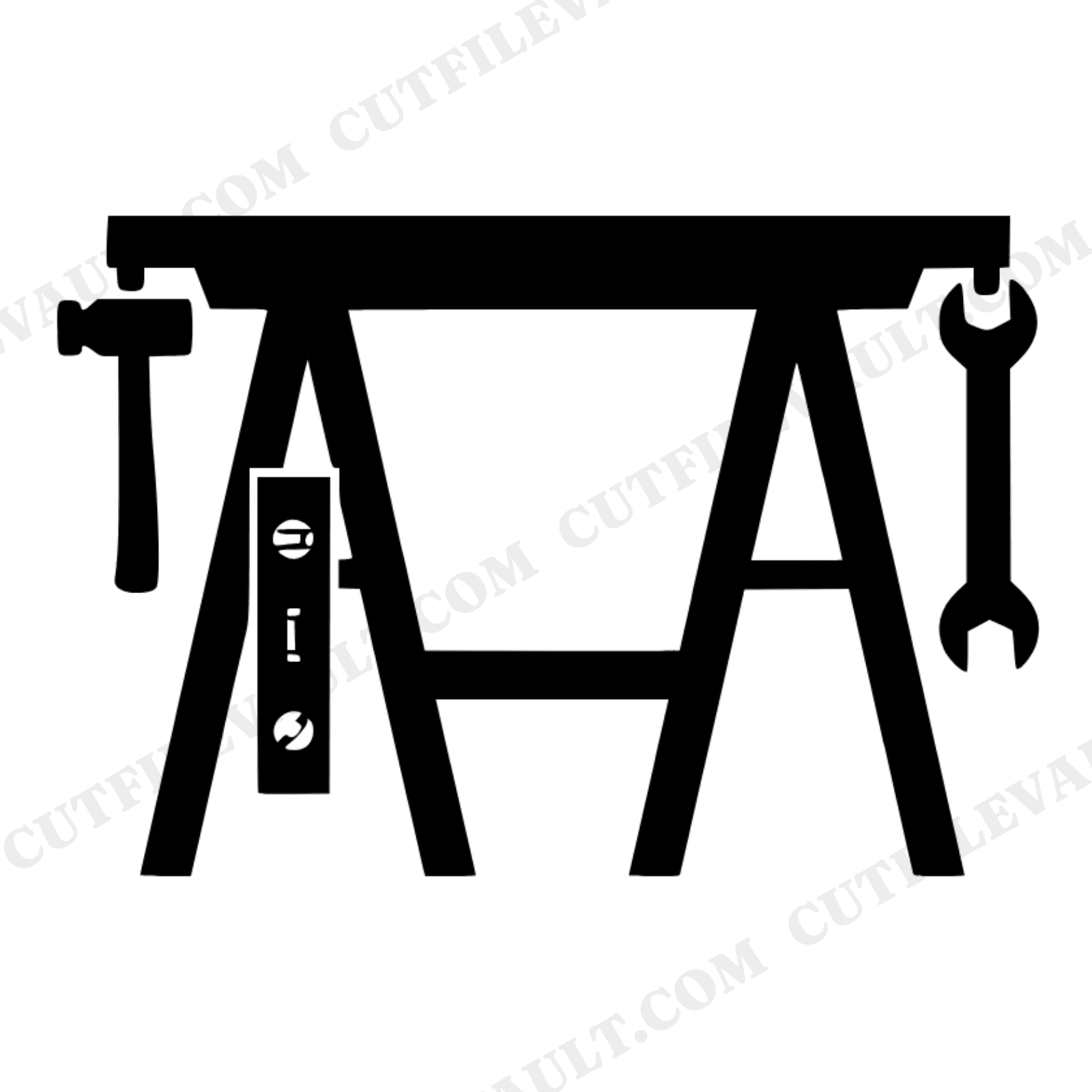 Labor Day Sawhorse SVG PNG, Tools Hammer Wrench Level Cut File, Mid Century Worker Craft Design, view 1