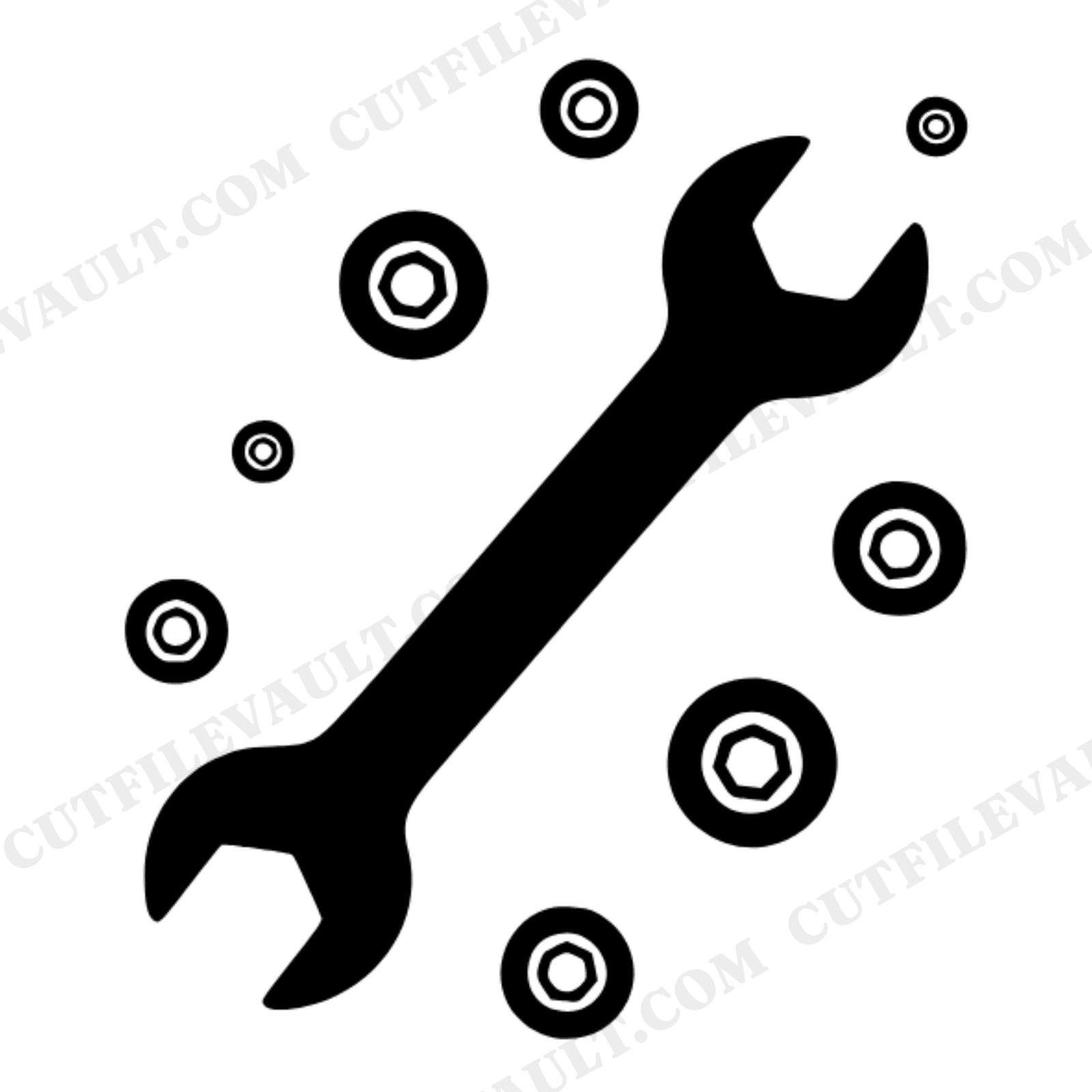 Labor Day Wrench SVG PNG, Orbiting Bolts Silhouette, Skilled Trades Craftsman Tool Cut File, view 1