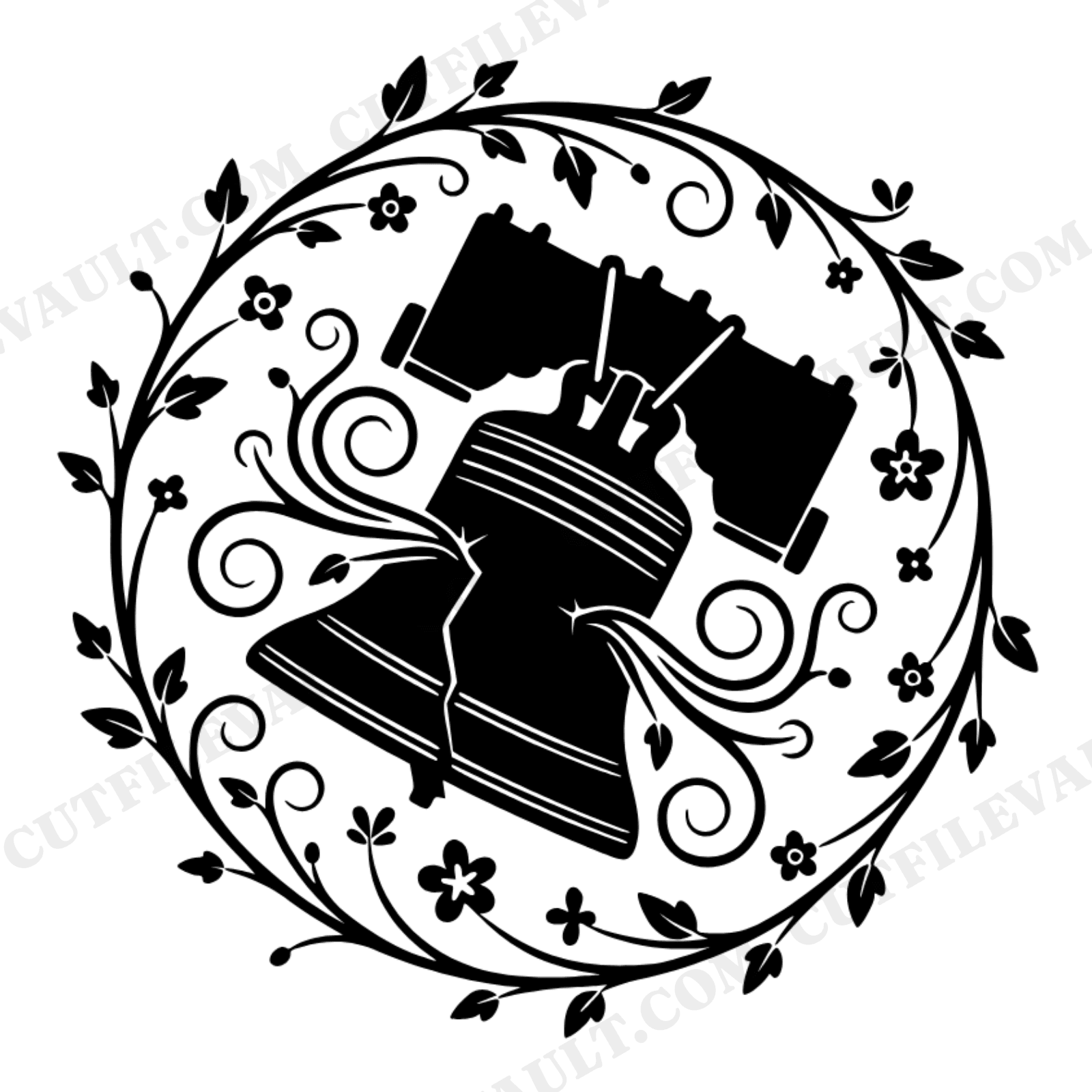Liberty Bell Botanical Monogram Frame SVG PNG, Vintage Patriotic Independence Day Cut File Design, view 1