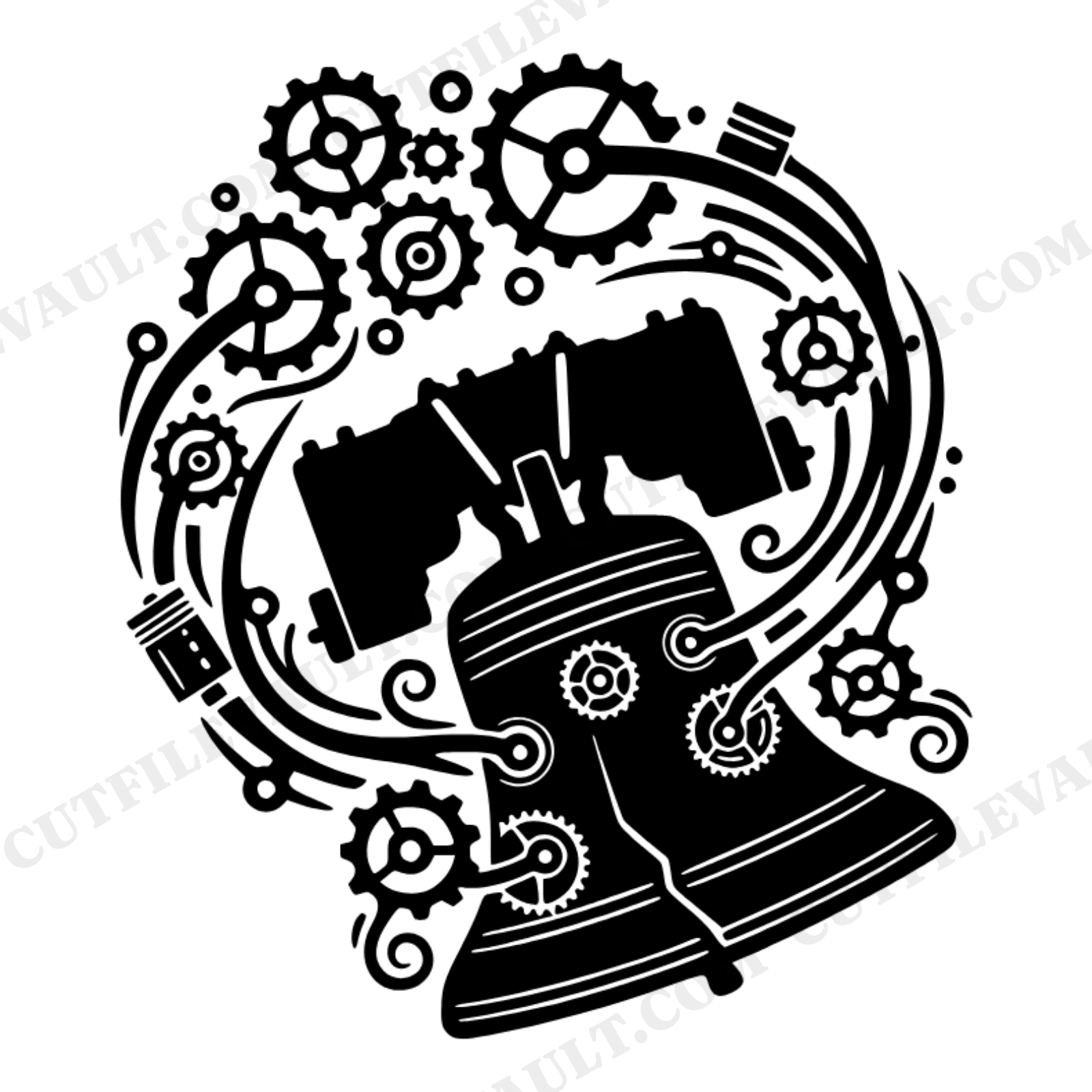 Liberty Bell Steampunk SVG PNG, Independence Day Clockwork Cut File, 4th of July Silhouette Design, view 1