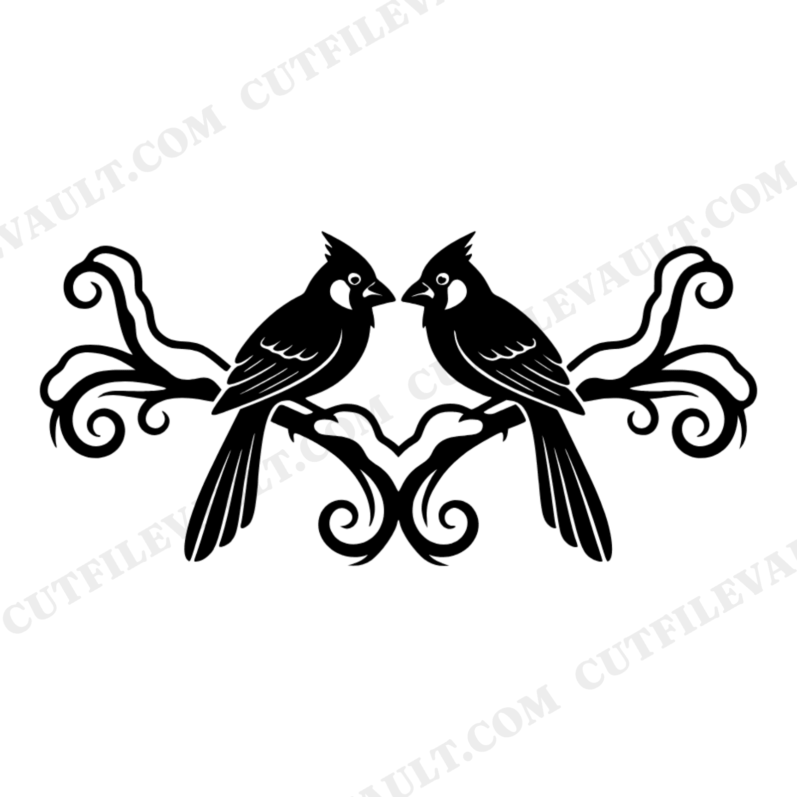 Lovebirds Cardinals Heart SVG PNG, Retro 70s Christmas Cut File, Snowy Branch Silhouette Design, view 1